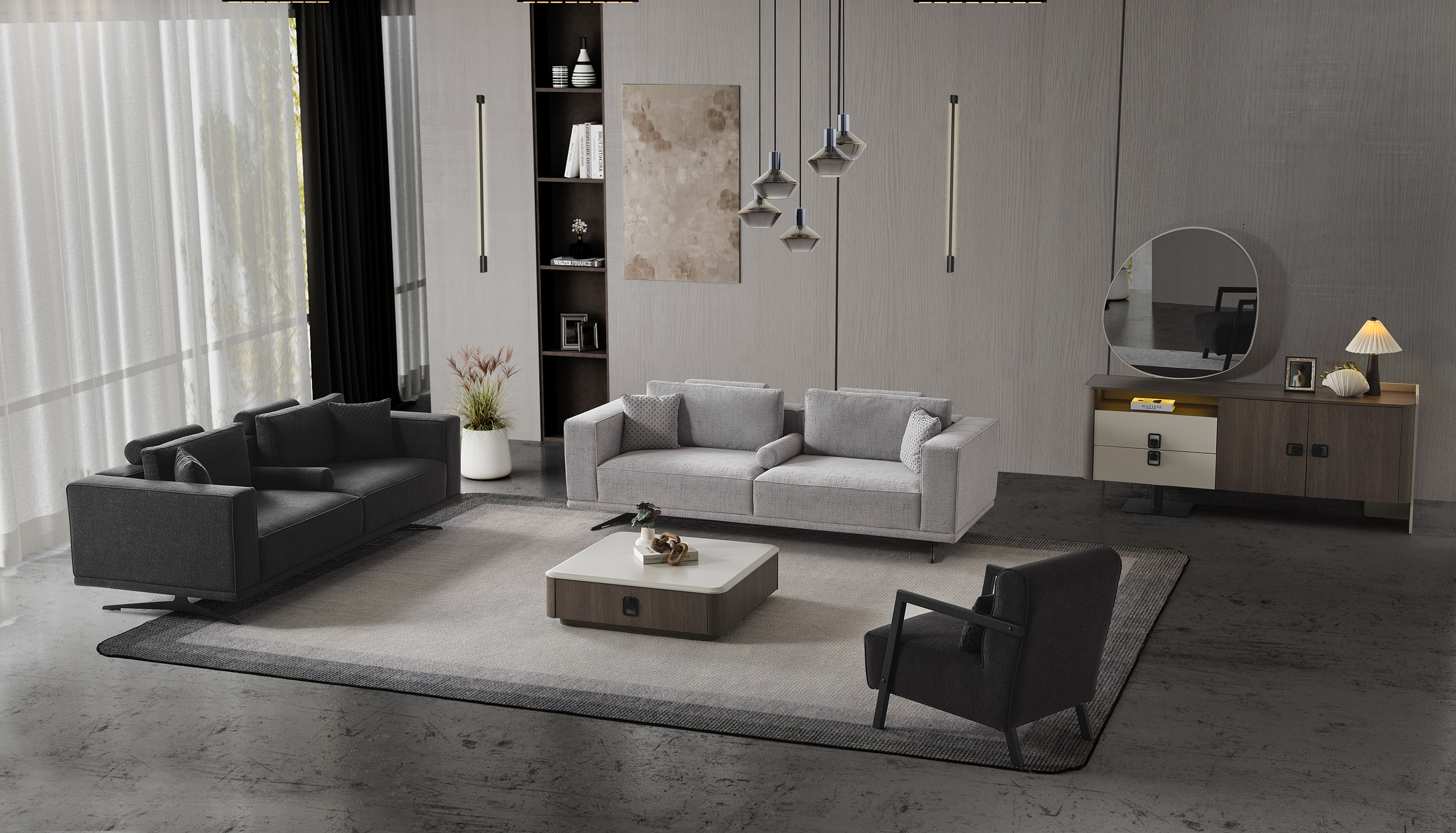 Modernes Wohnzimmer-Set aus grauem Stoff mit Holzrahmen