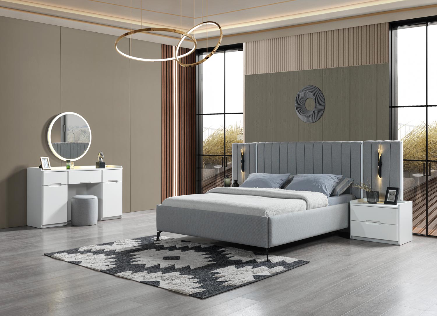 Schlafzimmer 5tlg. Bett + 2 Nachttische Möbel Set elegant