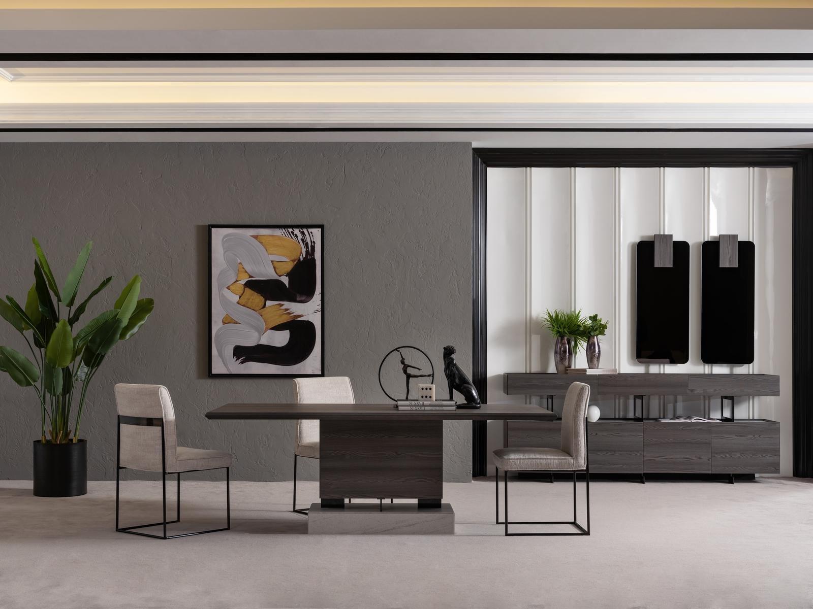 Elegantes 7-tlg. Esszimmer Set aus Holz und Glas in Grau und Braun