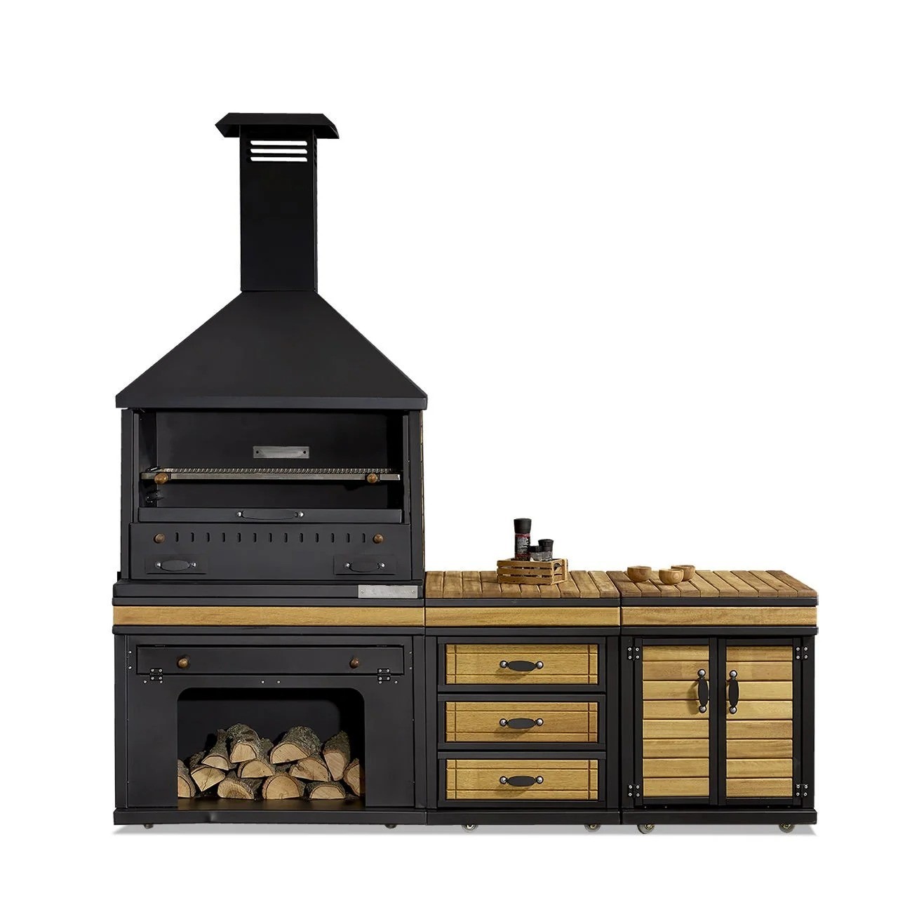 Elegante schwarze Außenküche aus Holz und Edelstahl