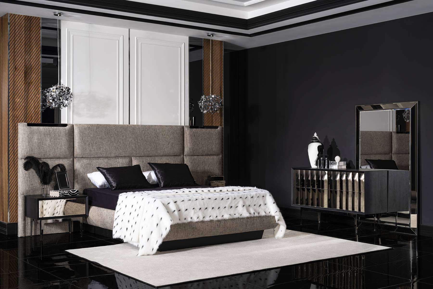 Elegantes graues Schlafzimmermöbel-Set aus Holz und Glas