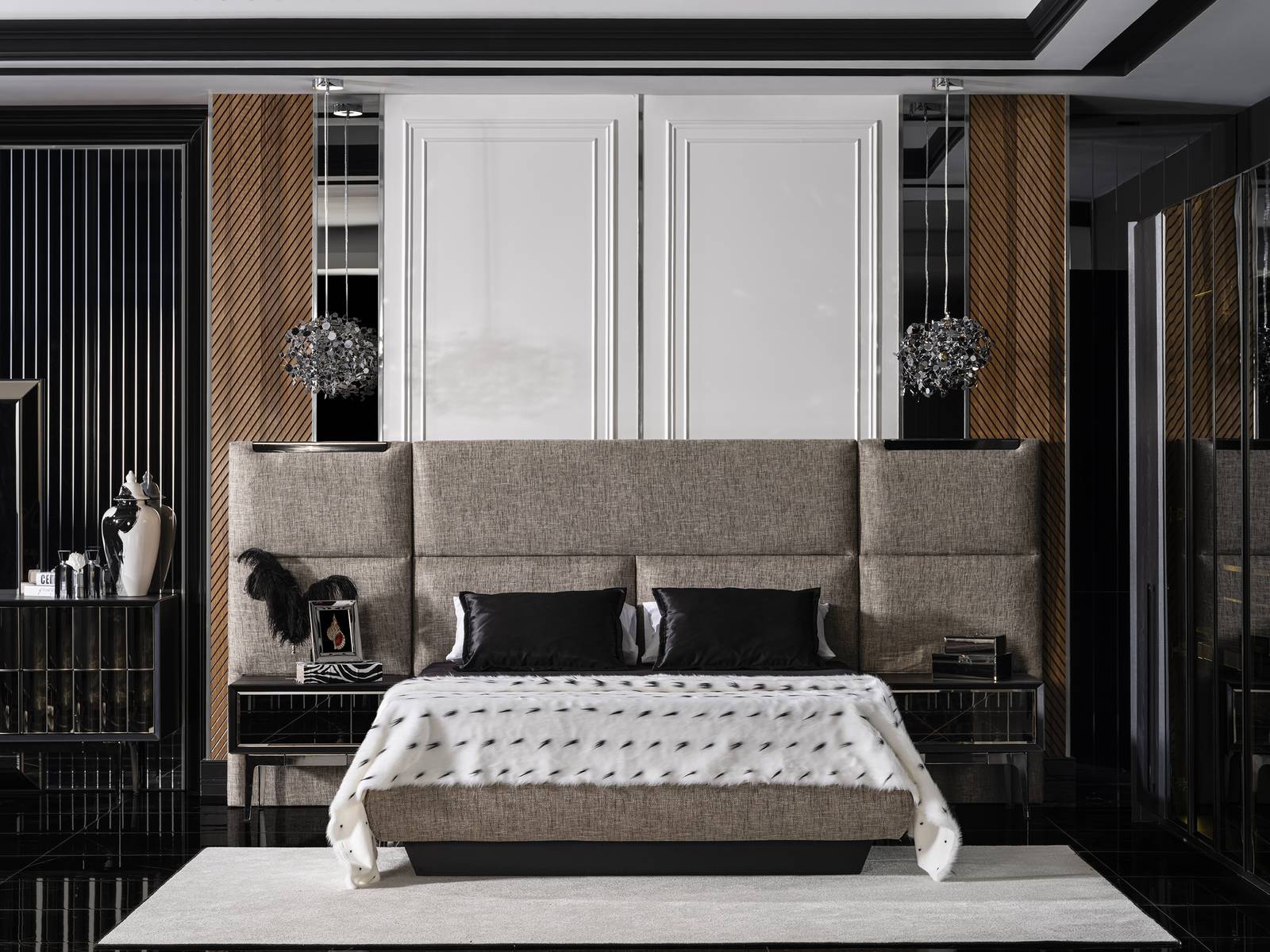 Elegantes schwarzes Holzbett mit zwei Nachttischen im modernen Design