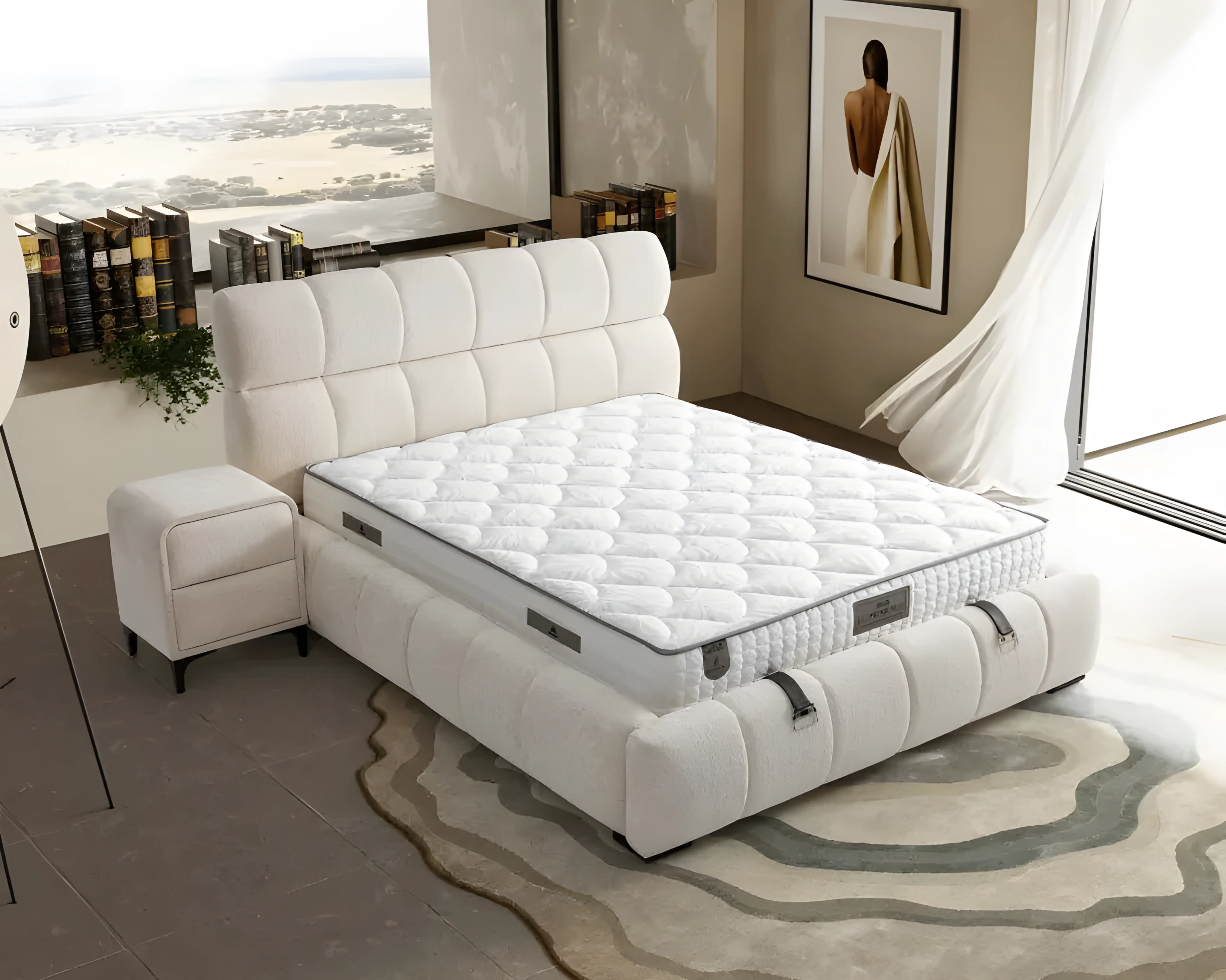 Elegantes Blaues Bett mit Matratze aus Textil und Holz