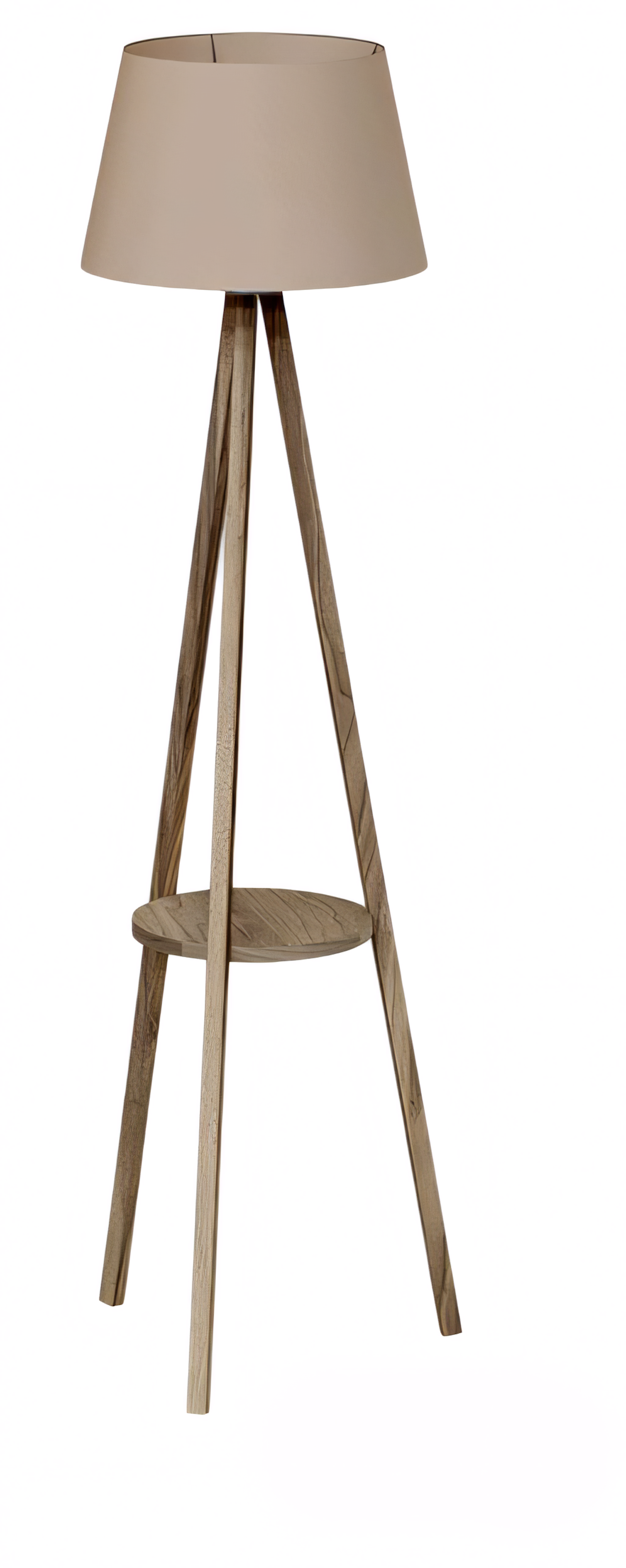 Stehlampe mit Regal Holz Beigeton modern elegante Wohnraumbeleuchtung