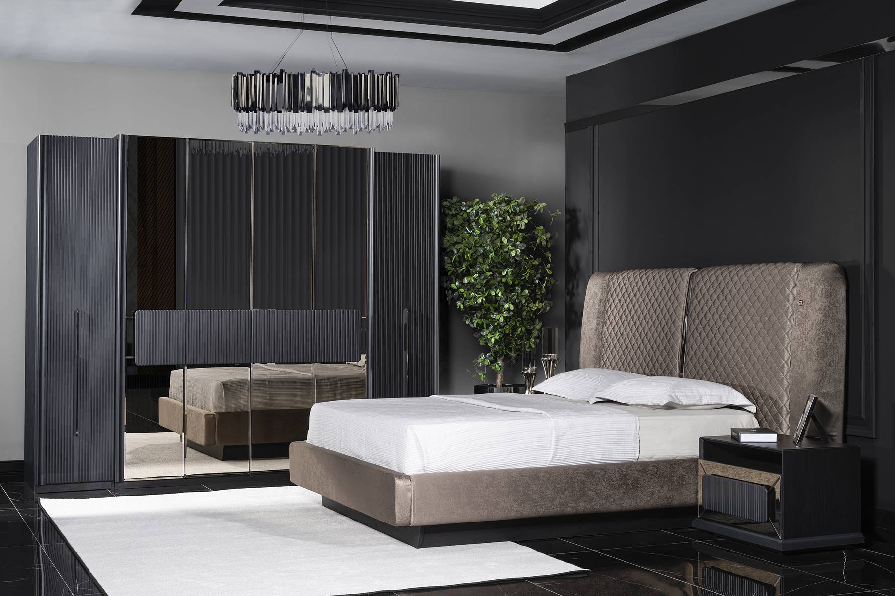 Grau Holz Schlafzimmer-Set modern mit Bett, Nachttischen