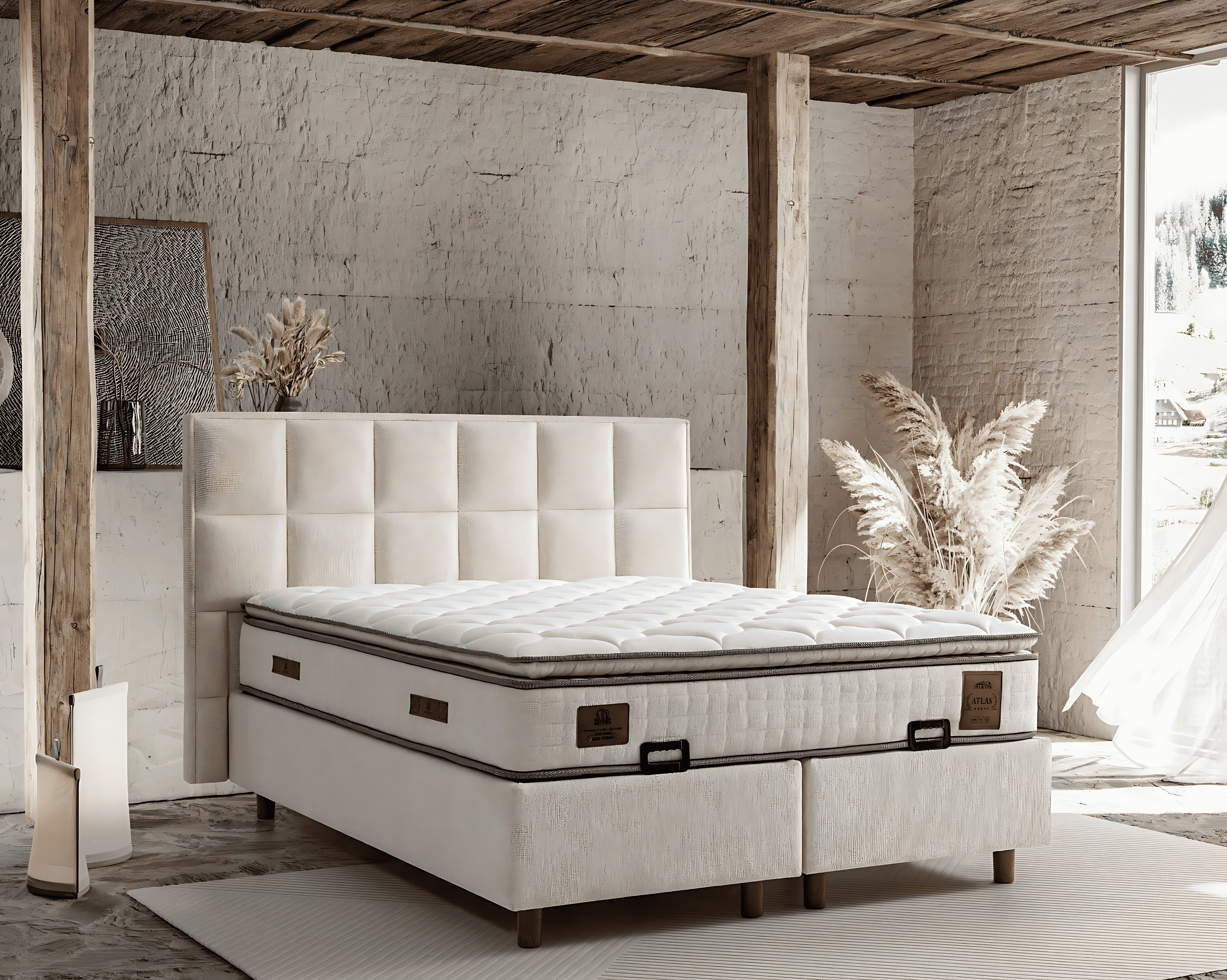 Elegantes Bett mit Matratze aus Textil in Beige