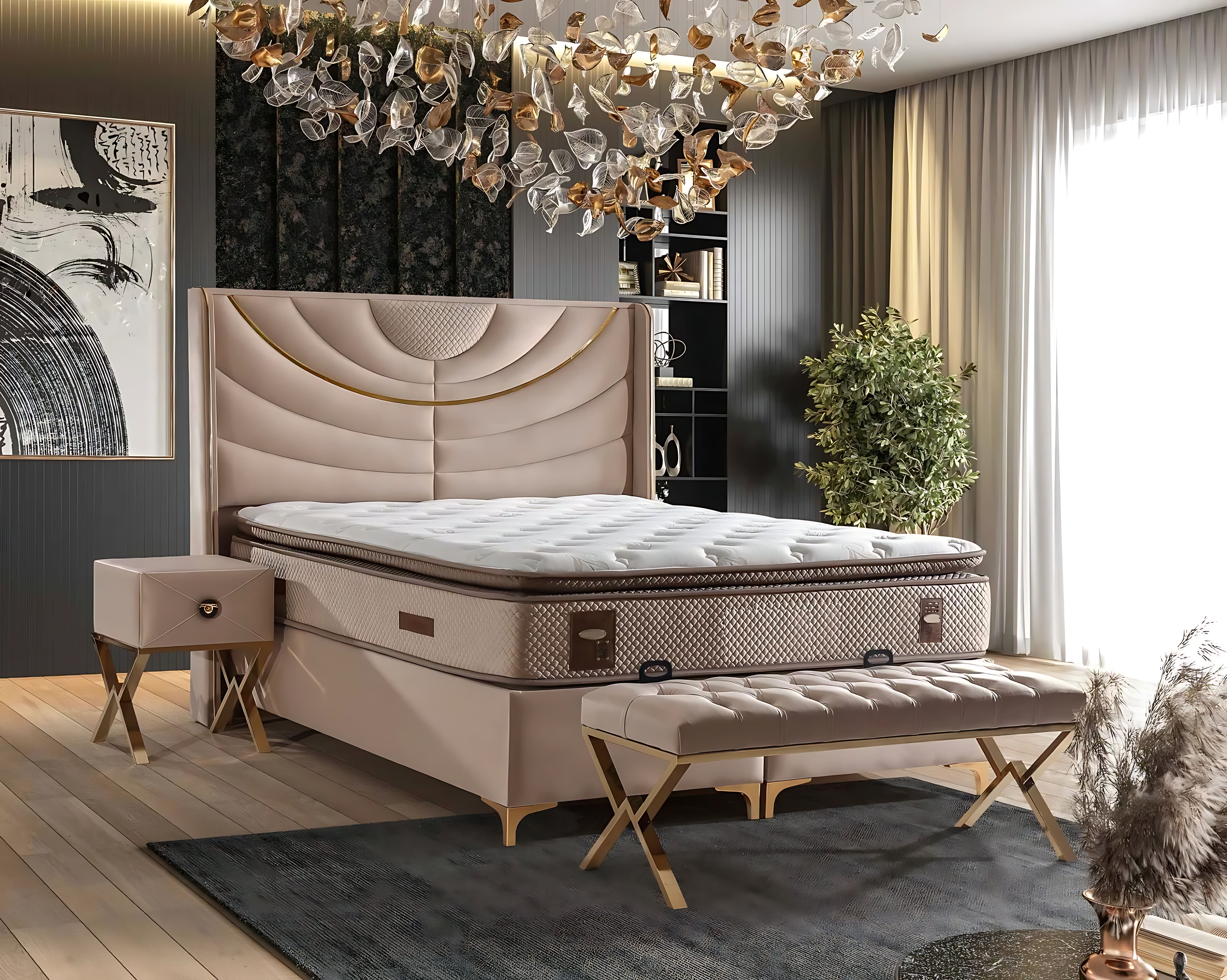 Elegantes Beiges Bett mit Matratze aus Textil und Holz