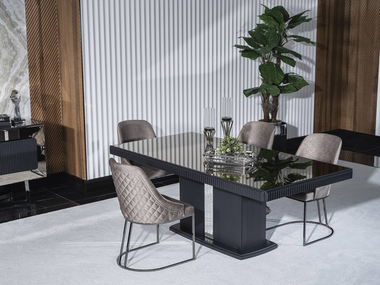 Elegantes Graues Esszimmer Set aus Holz mit modernen Stühlen