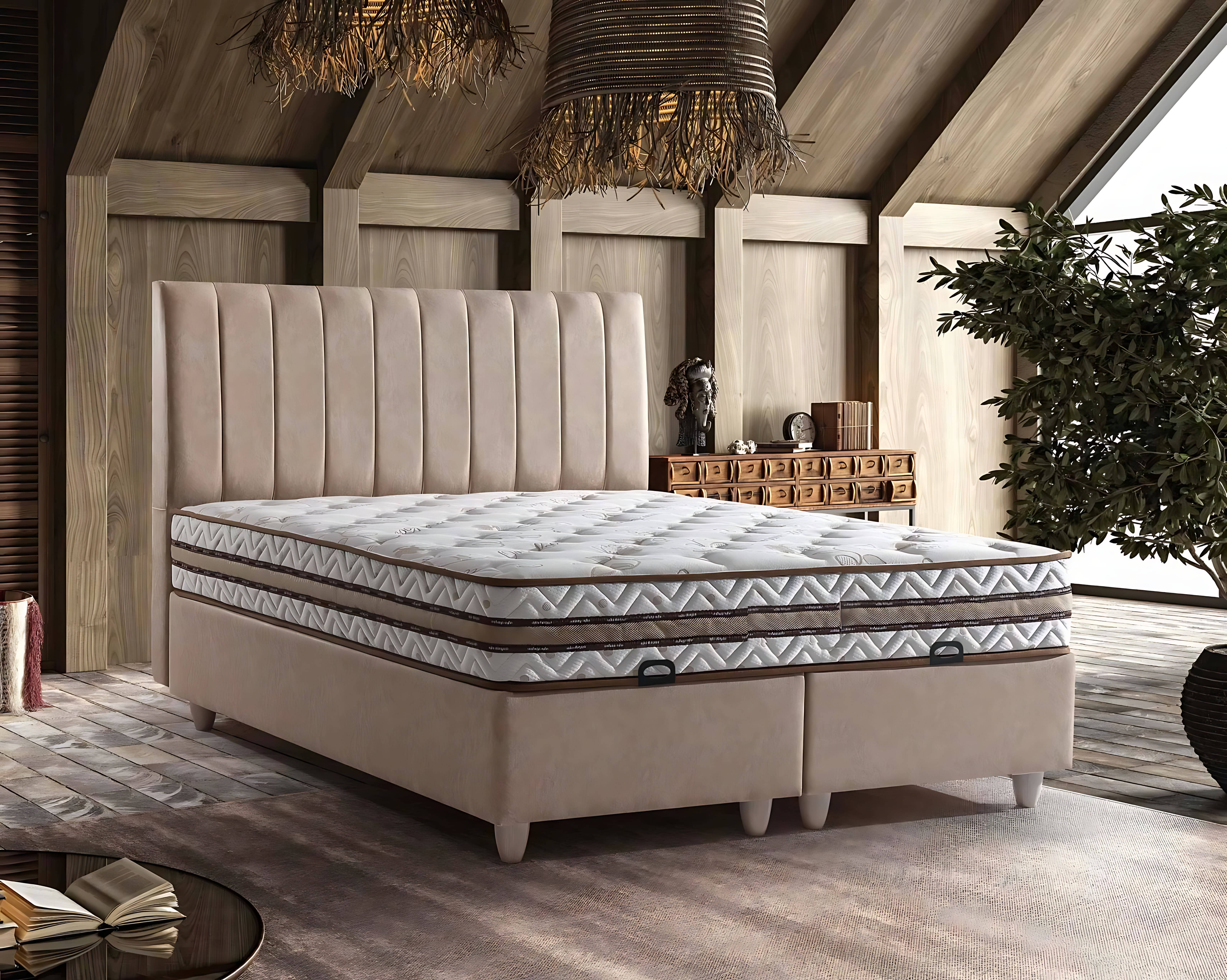 Beige Textilbett mit Matratze im eleganten Design