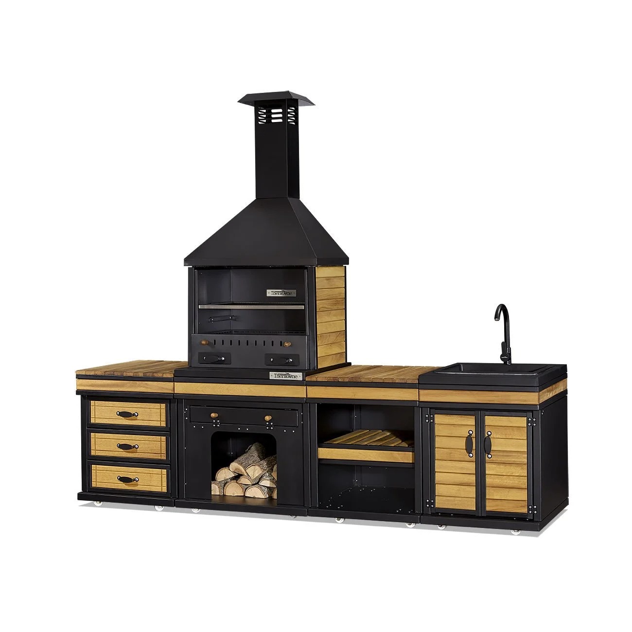 Elegante Außenküche aus Holz und Edelstahl in Schwarz