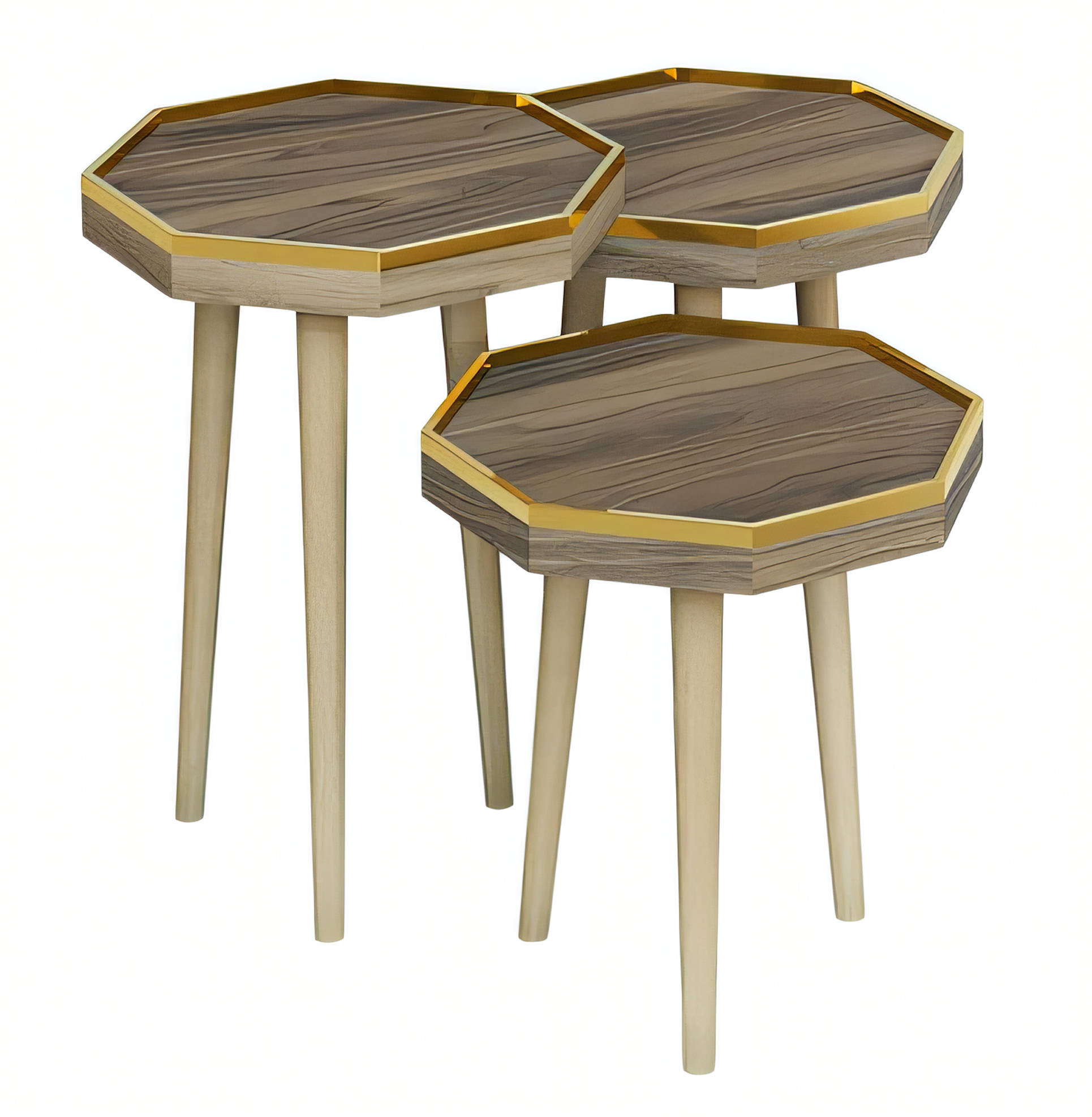 Design Beistelltisch Set mit 3 Tischen in Holz-Optik und Goldenen Kanten