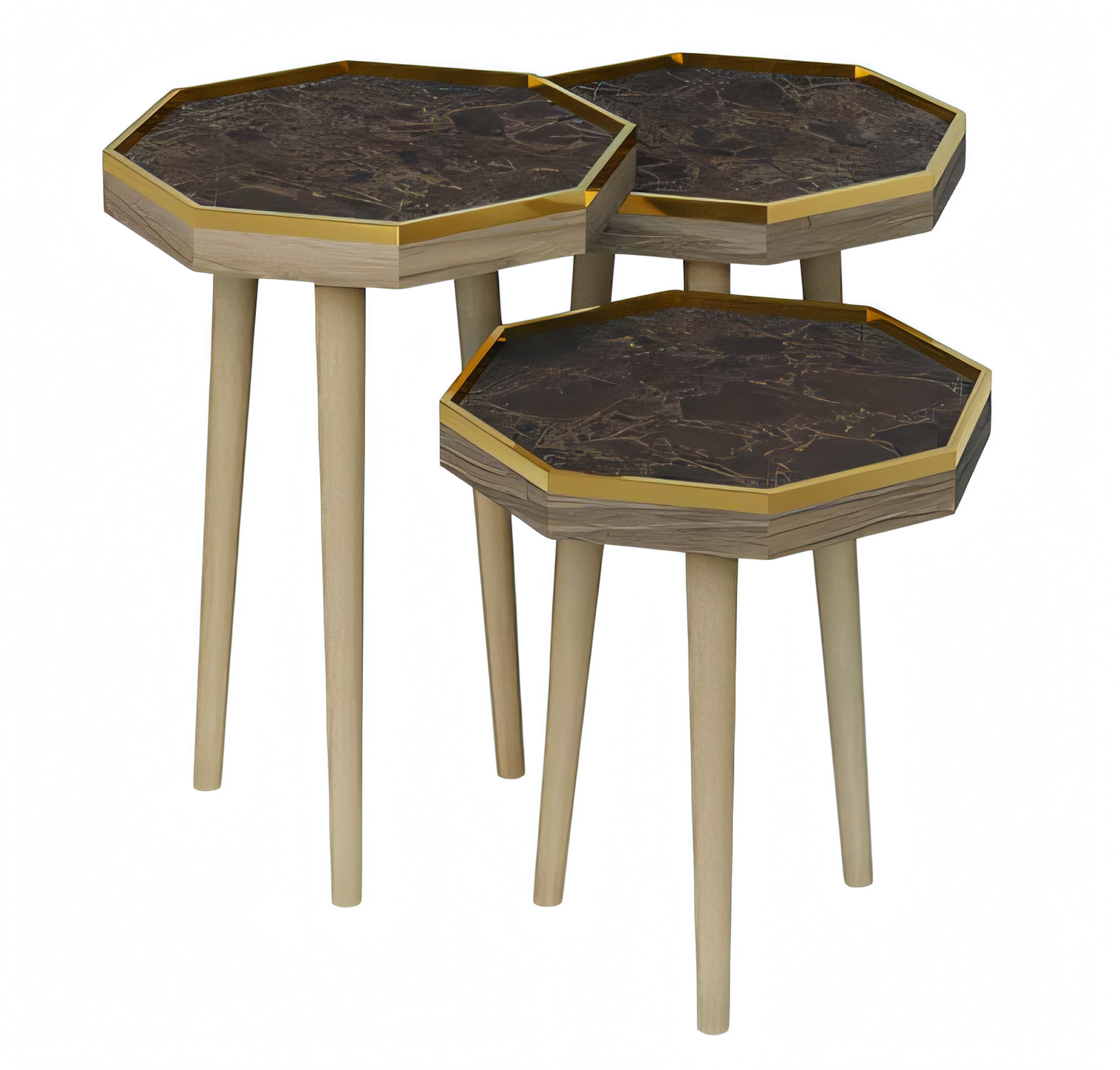 Design Satztisch 3er Set Heptagon Dunkle Marmor-Optik