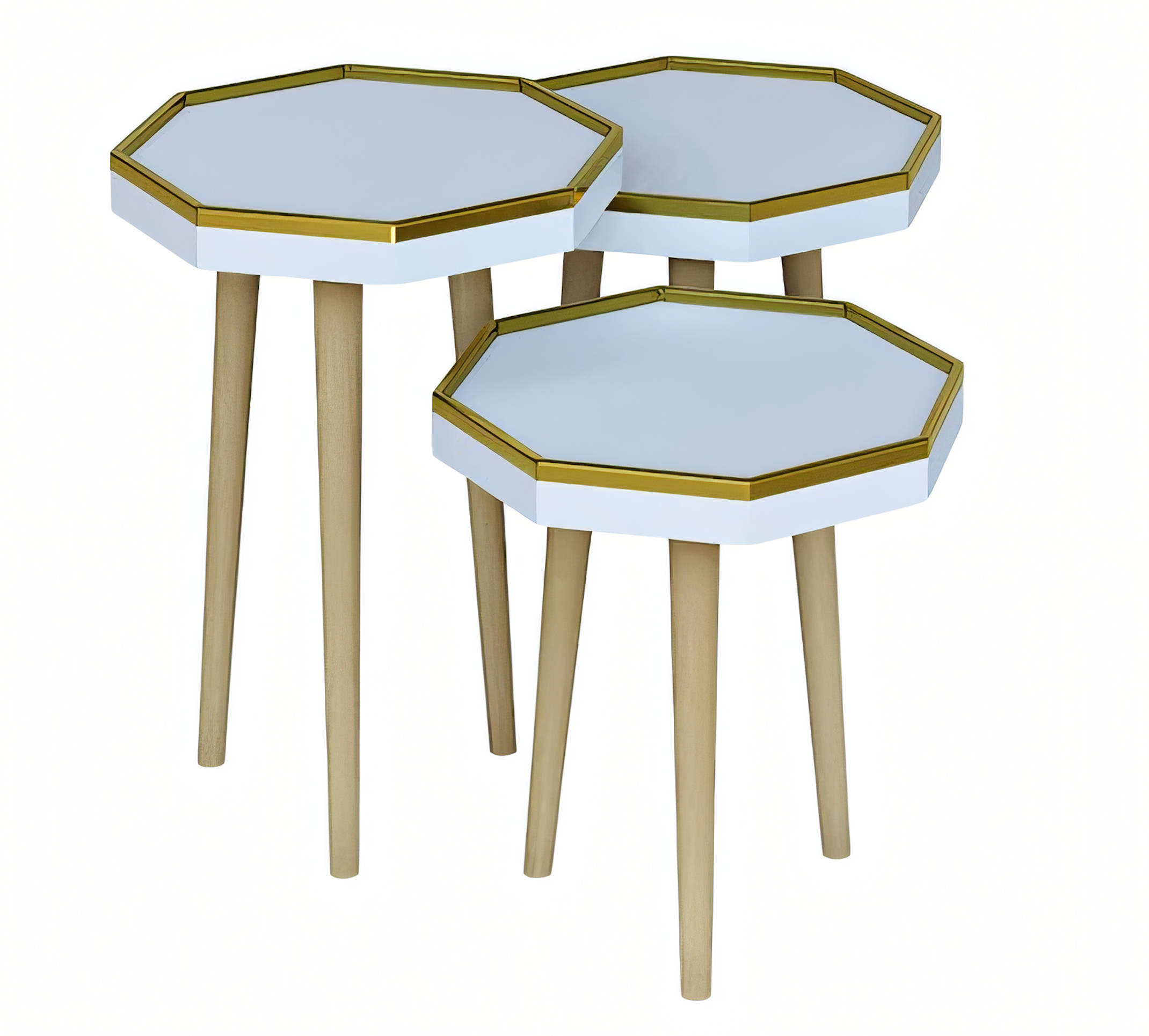 Design Satztisch 3er Set Heptagon Hellblau-Weiß mit Goldrand