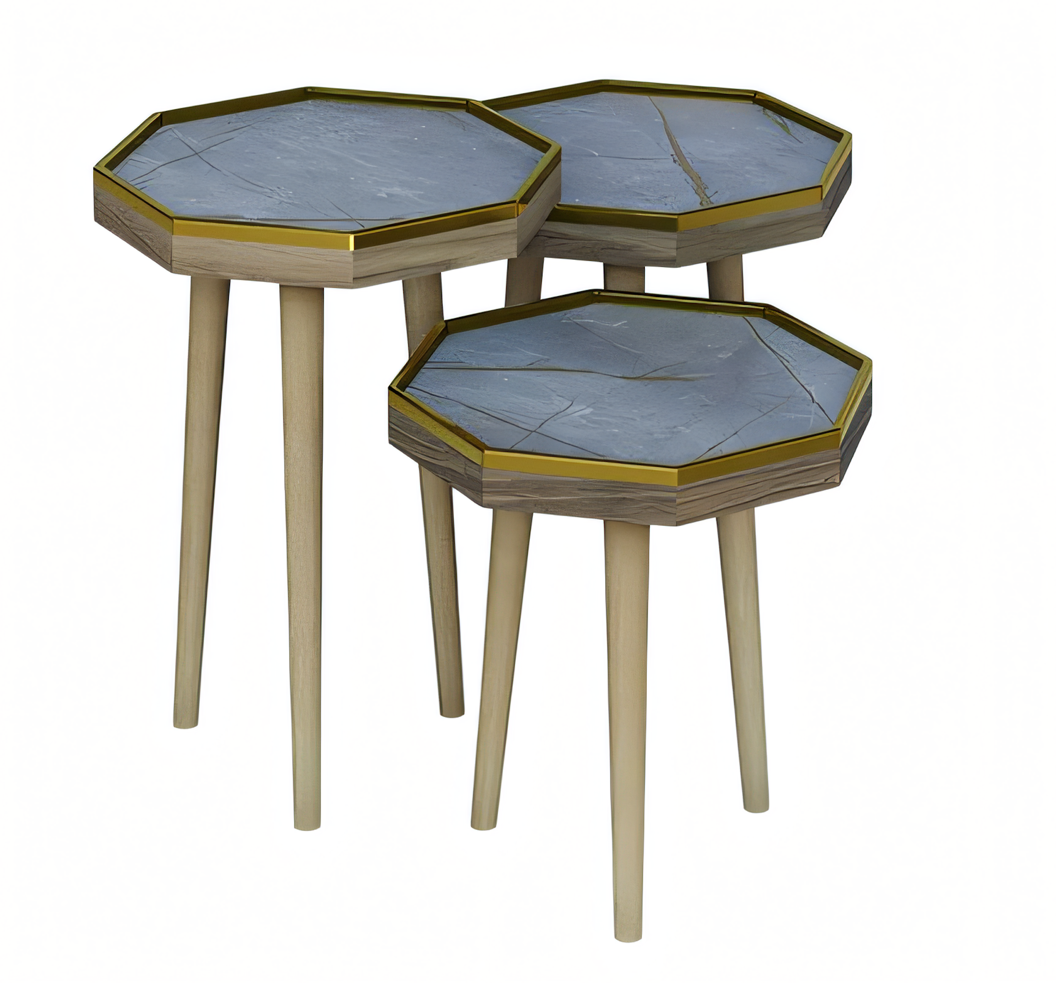 Beistelltisch Set 3 Teile in Marmor-Optik mit goldenen Metallrändern und Holzbeinen