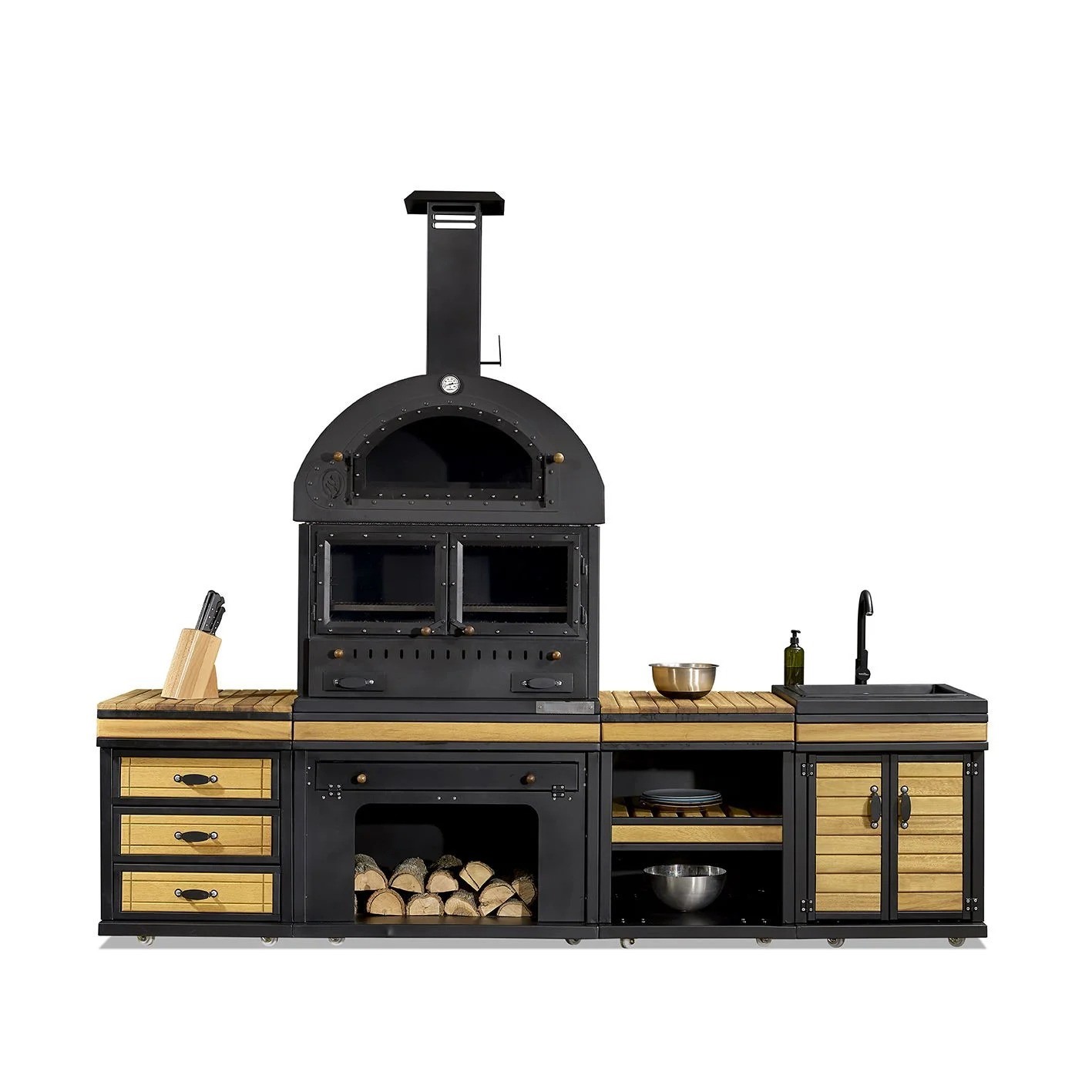 Elegante schwarze Außenküche aus Holz und Edelstahl für Garten