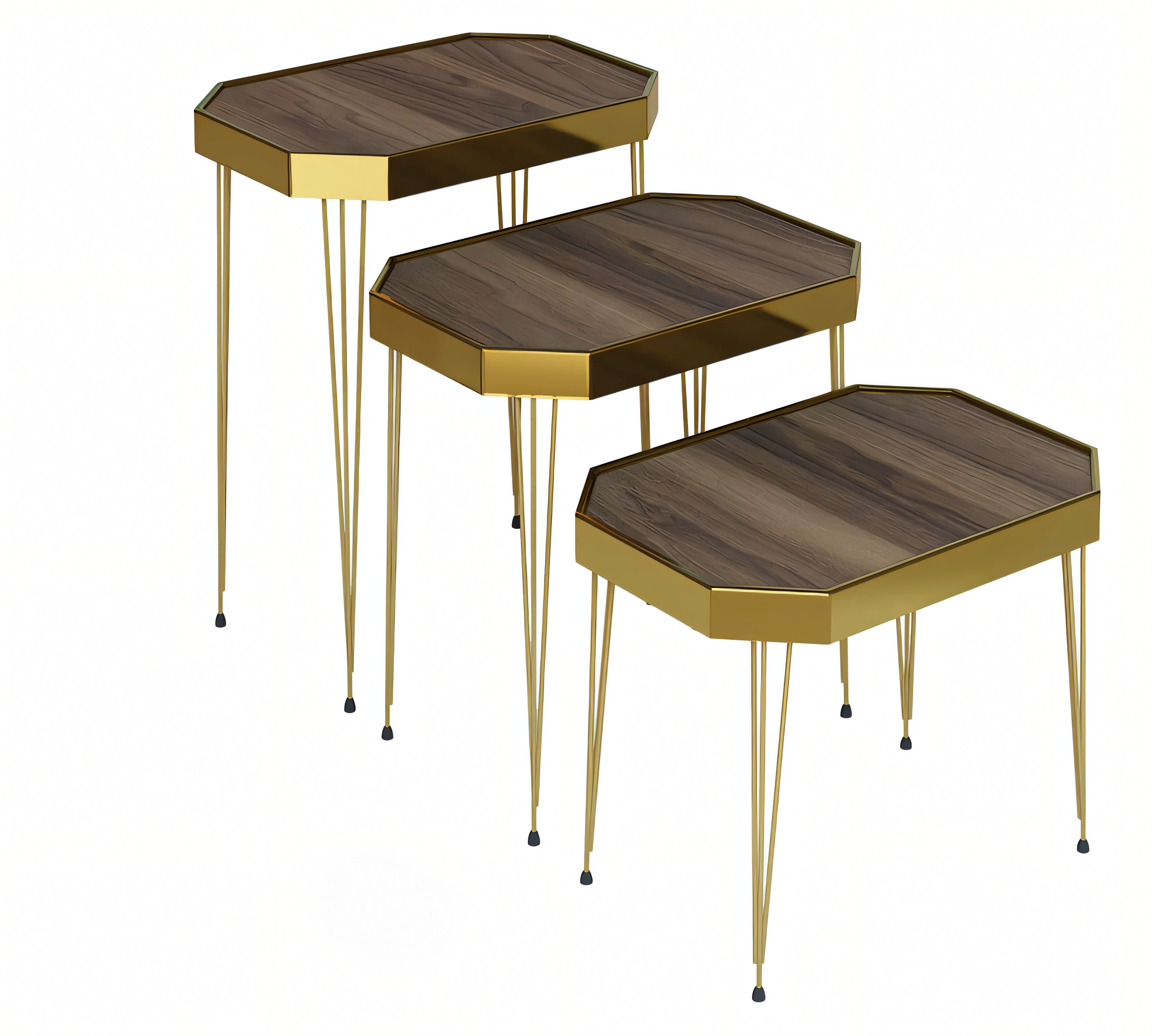 Beistelltisch Set 3 Teile in Walnuss-Optik mit Goldenen Metallbeinen