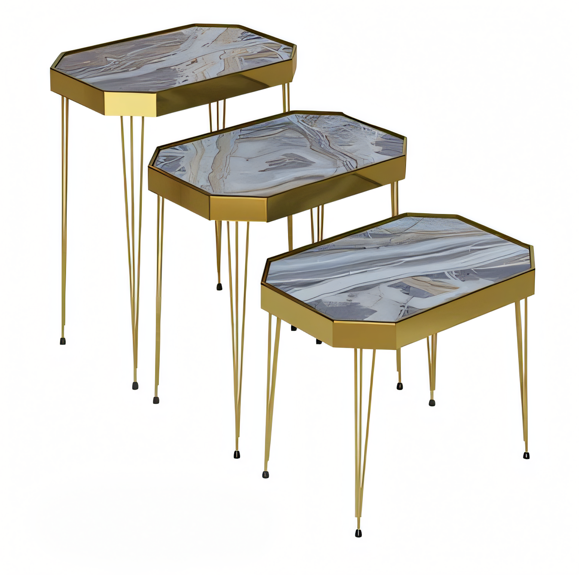 Beistelltisch Set 3 Teile in Marmor-Optik mit Goldenen Metallbeinen