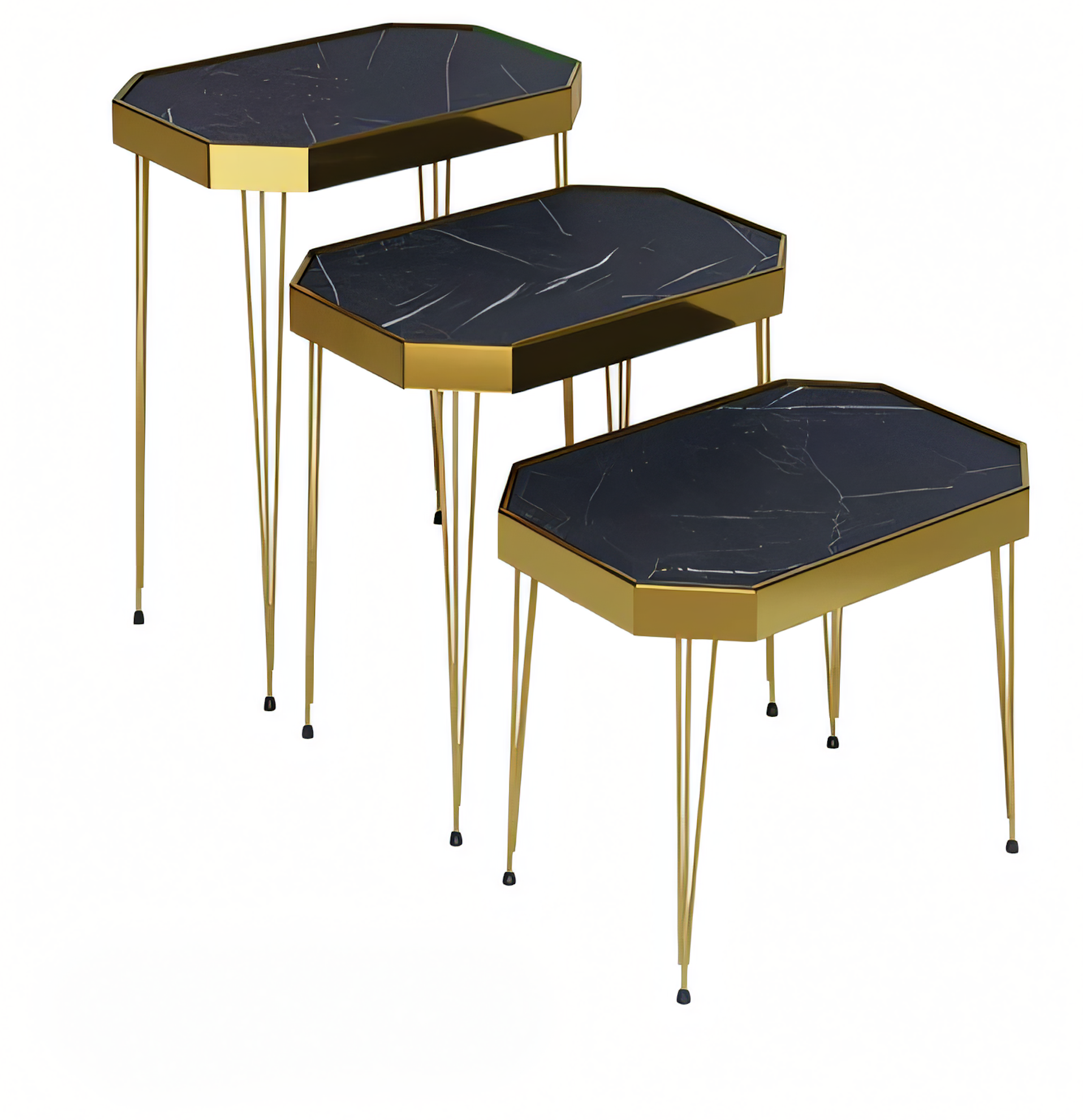 Beistelltisch Set 3 Teile in Marmor-Optik Schwarz mit Goldenen Metallbeinen