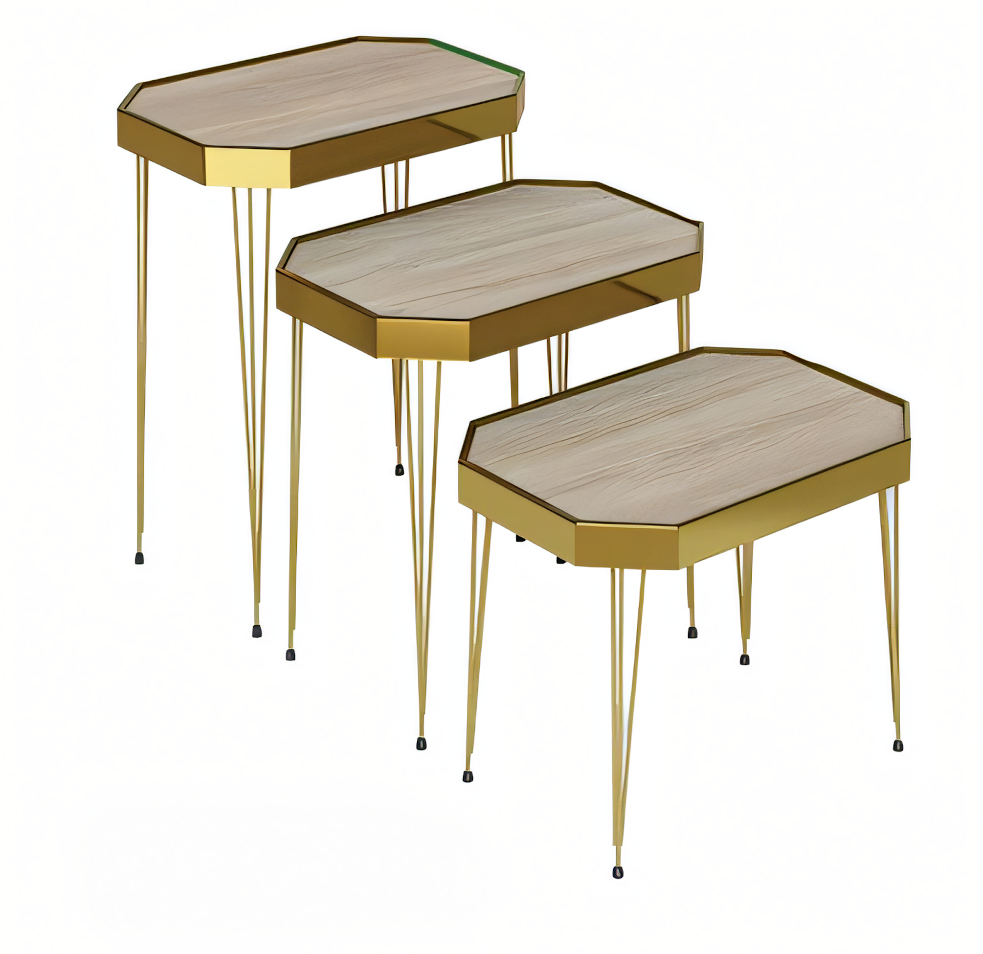 Beistelltisch Set 3 Teile in Holz-Optik mit Goldenen Metallbeinen