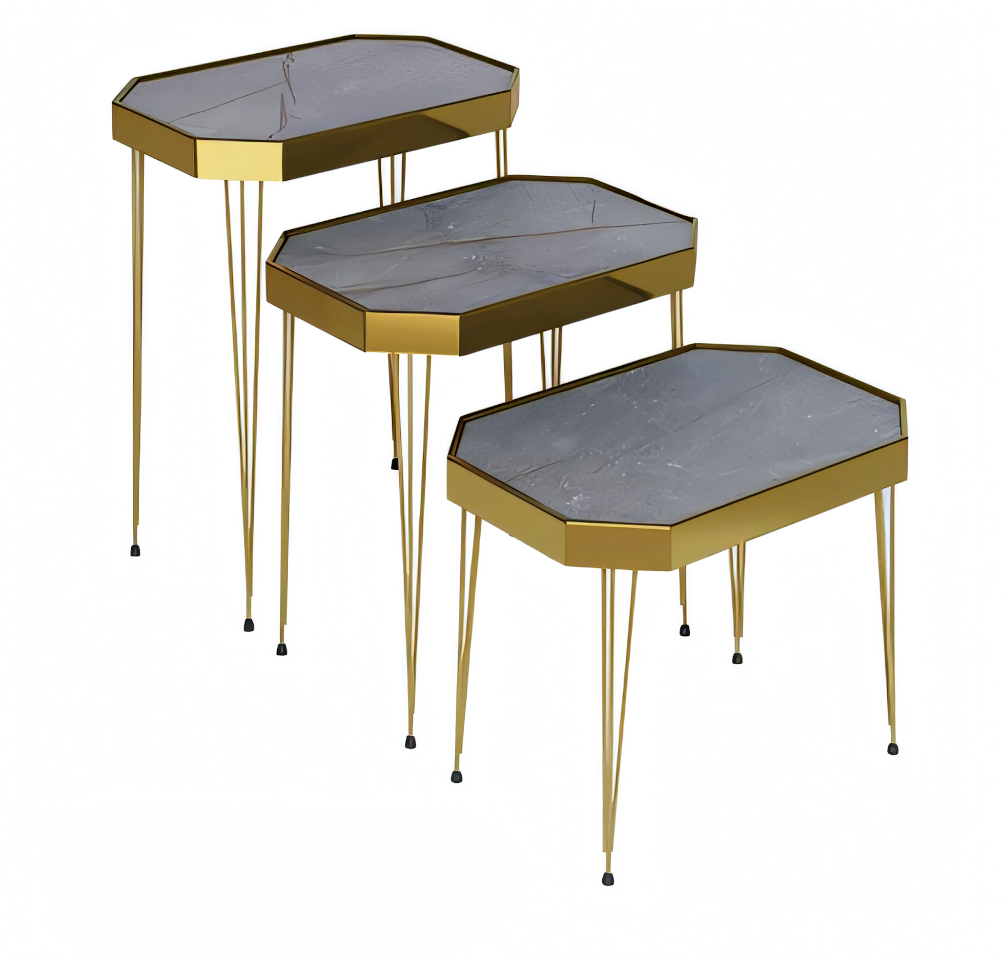 Beistelltisch Set 3 Teile in Marmor-Optik Schwarz mit Goldenen Metallbeinen