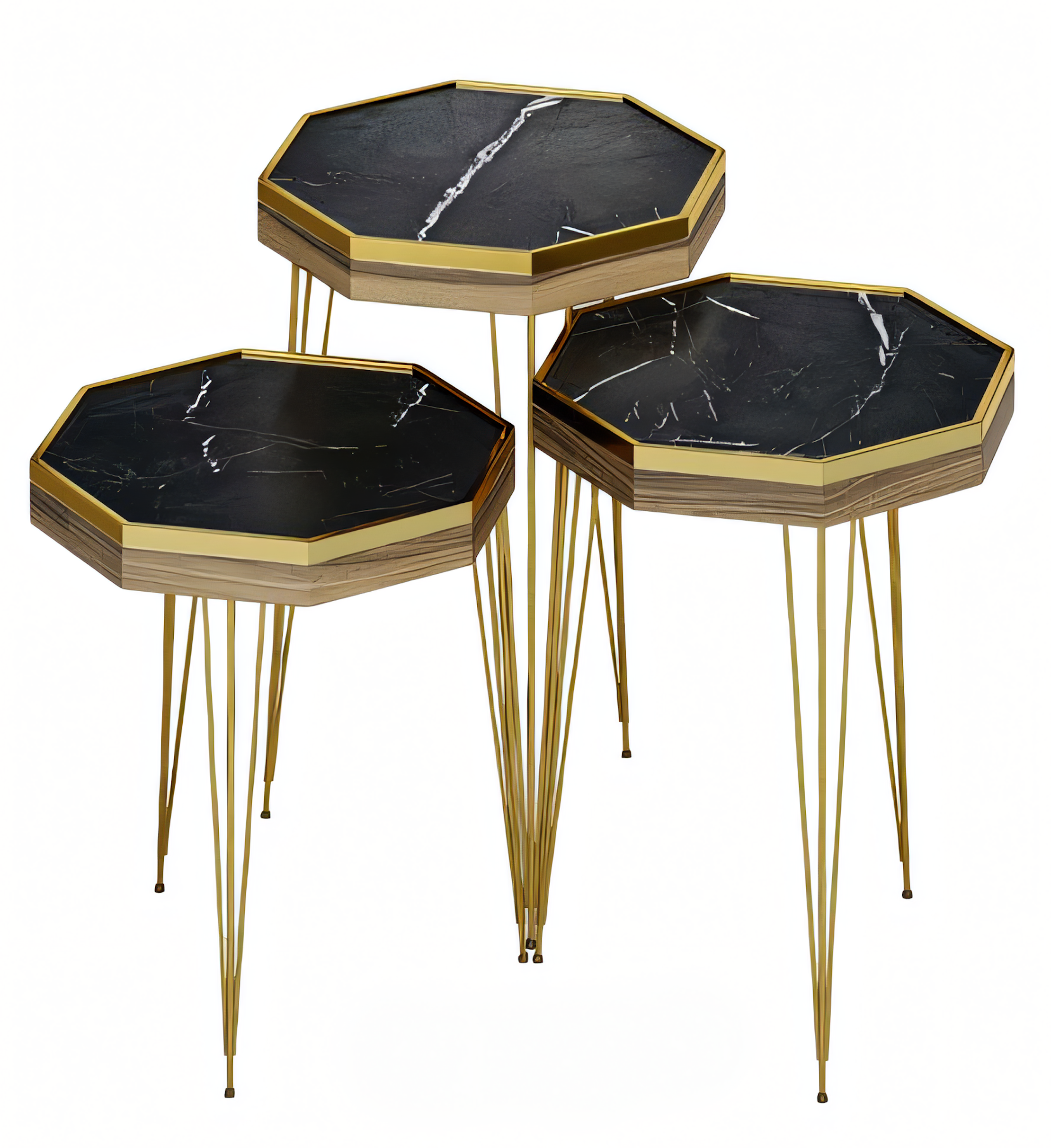 Beistelltisch Set 3 Teile in Schwarzer Marmor-Optik mit Goldenen Metallbeinen