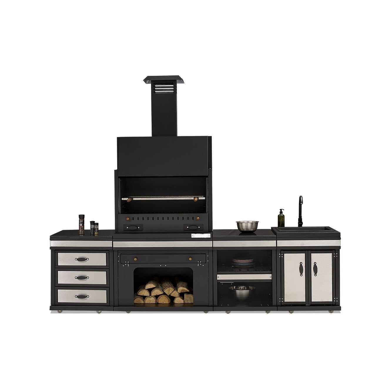 Moderne Außenküche aus Edelstahl in Schwarz