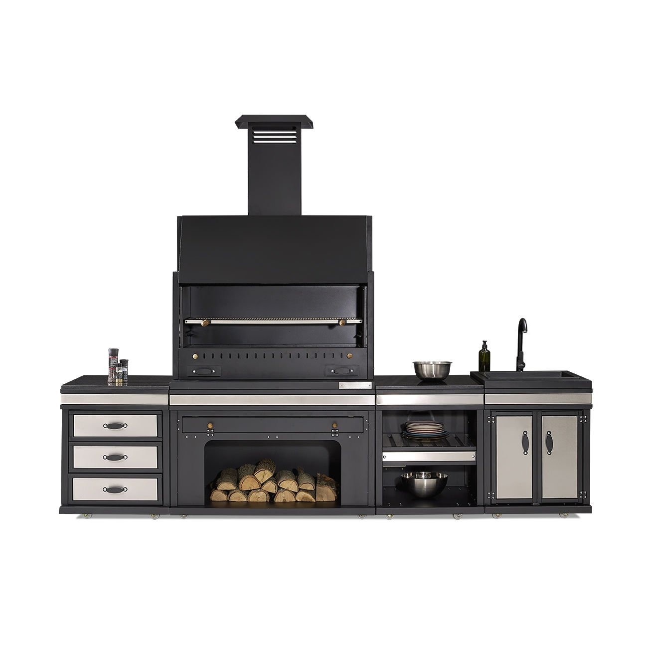 Schwarze Außenküche aus Edelstahl modern und langlebig