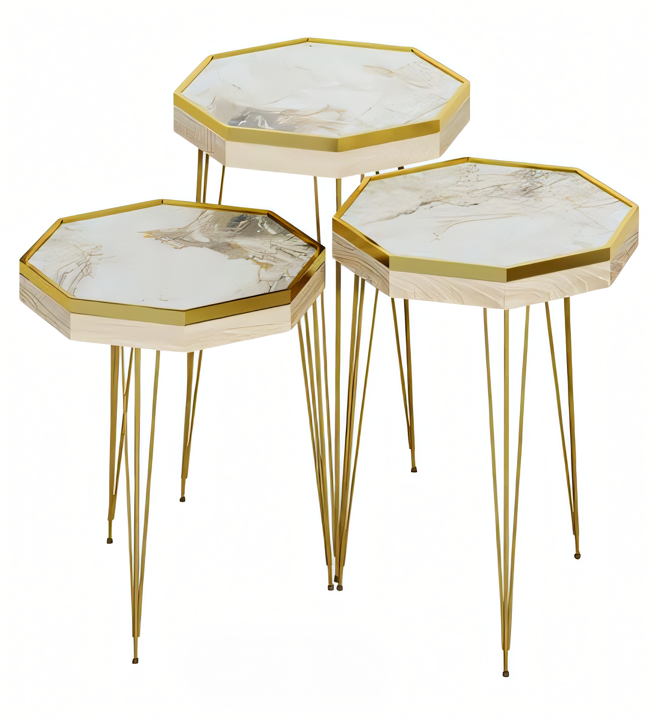 Design Beistelltisch Set mit Goldenen Metallbeinen und Marmor-Optik