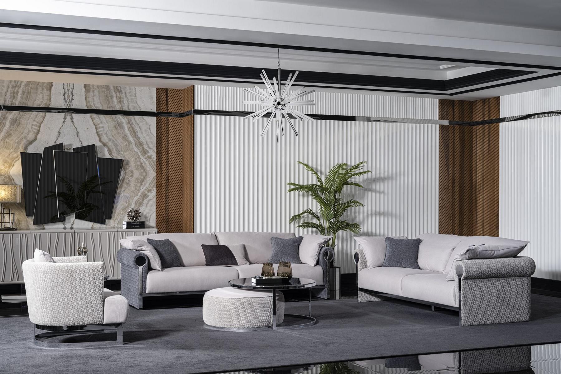 Moderner Grauer Wohnzimmerset aus Holz und Textil mit stilvollem