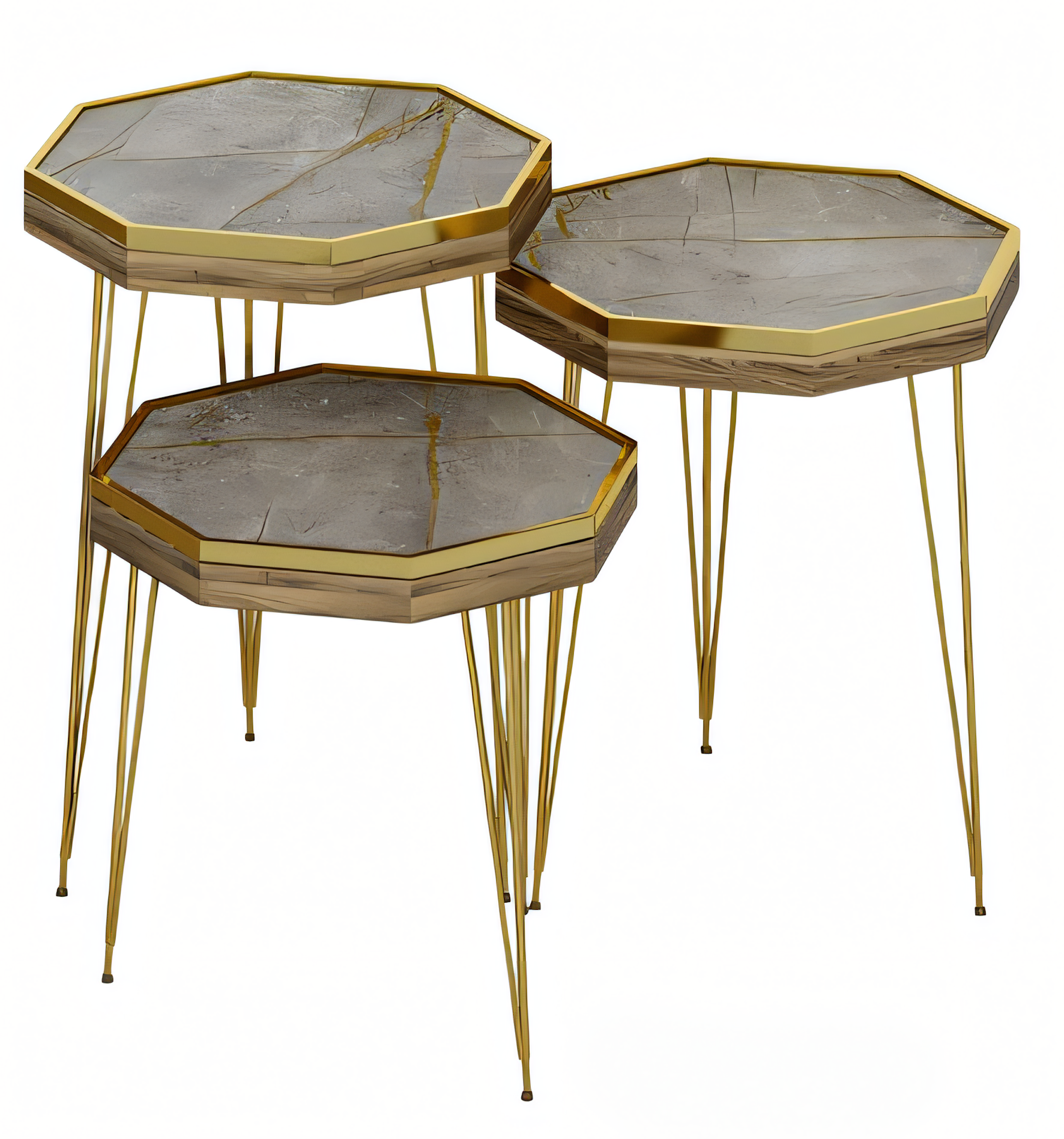 Beistelltisch Set 3 Teile in Marmor-Optik Braun mit Goldenen Metallbeinen