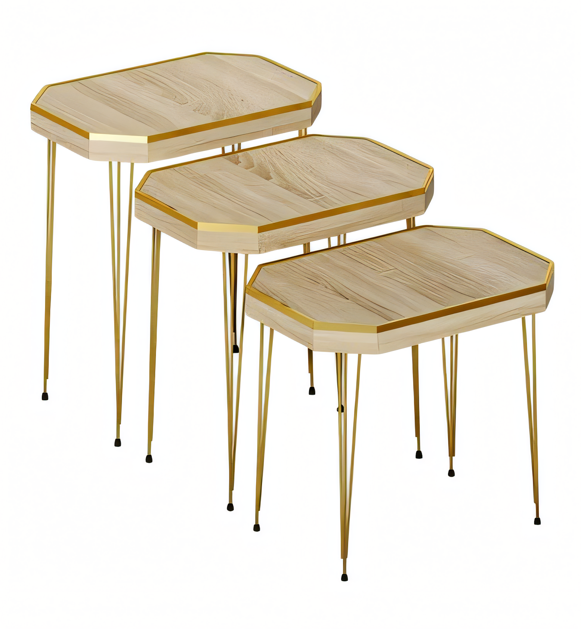 Design Beistelltisch Set in Holz-Optik mit Goldenen Metallbeinen