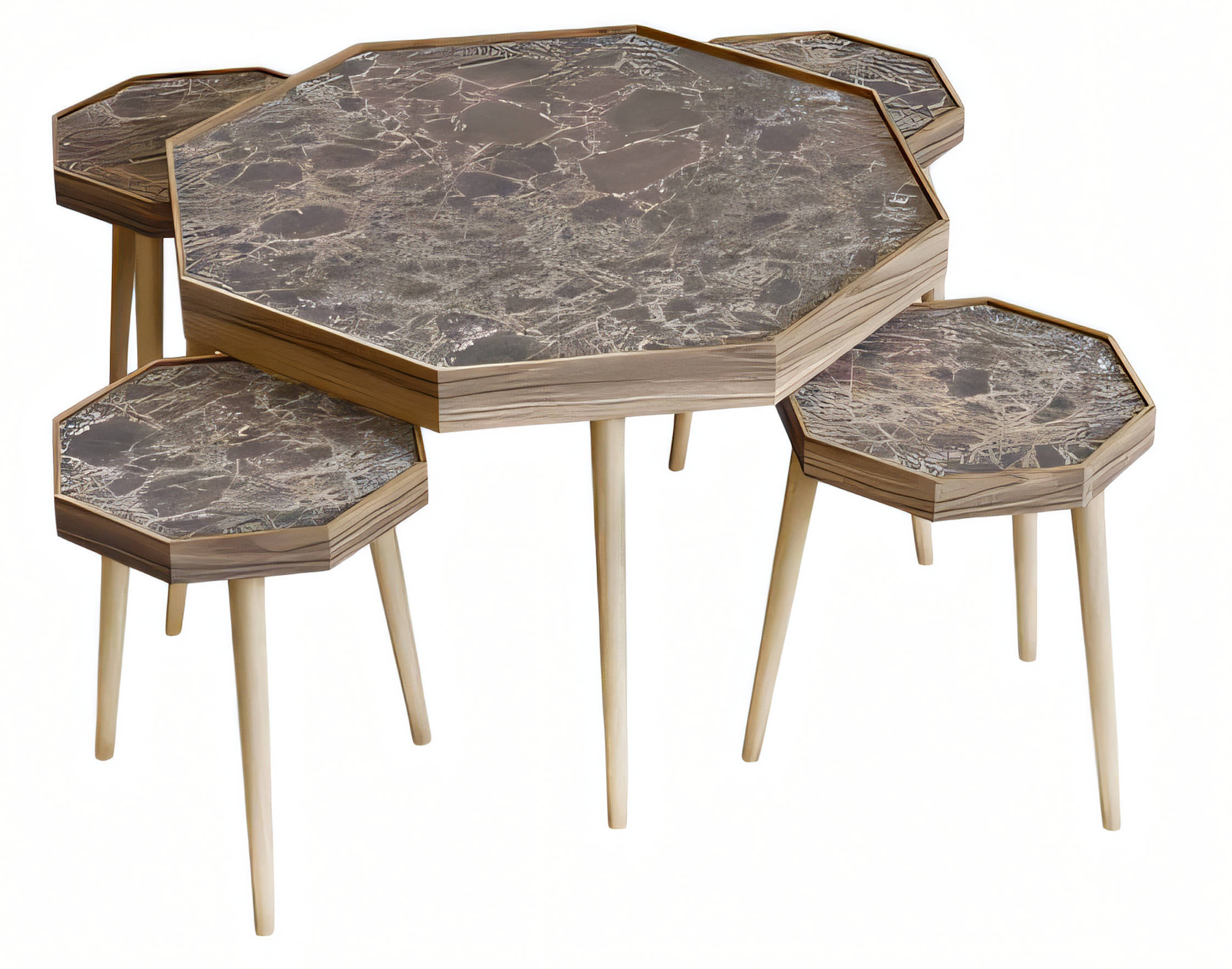 Beistelltisch Set 5 Teile mit Holz-Beinen und Eleganter Marmor-Oberfläche