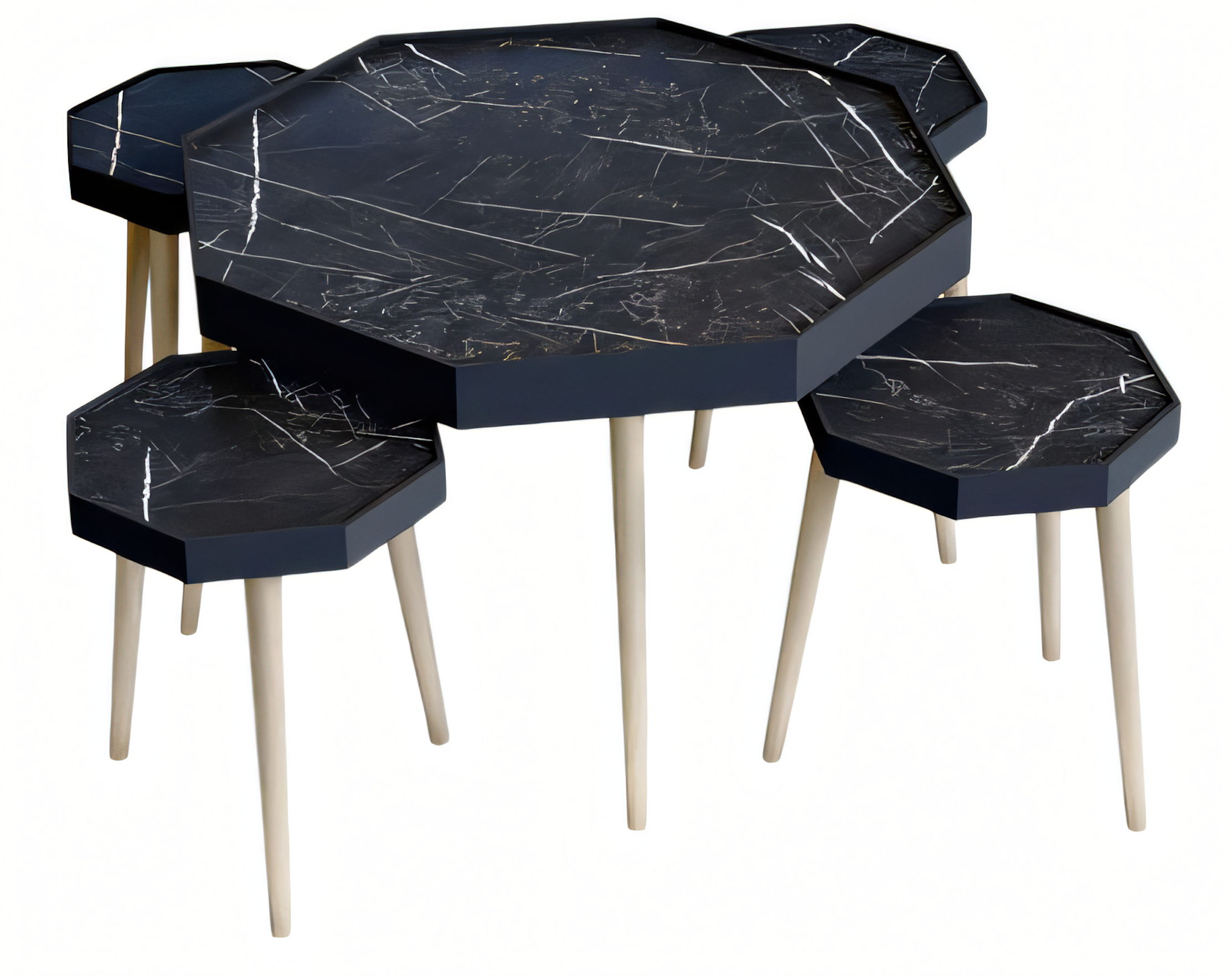 Beistelltisch Set 4 Teile in Marmor-Optik mit Holzbeinen