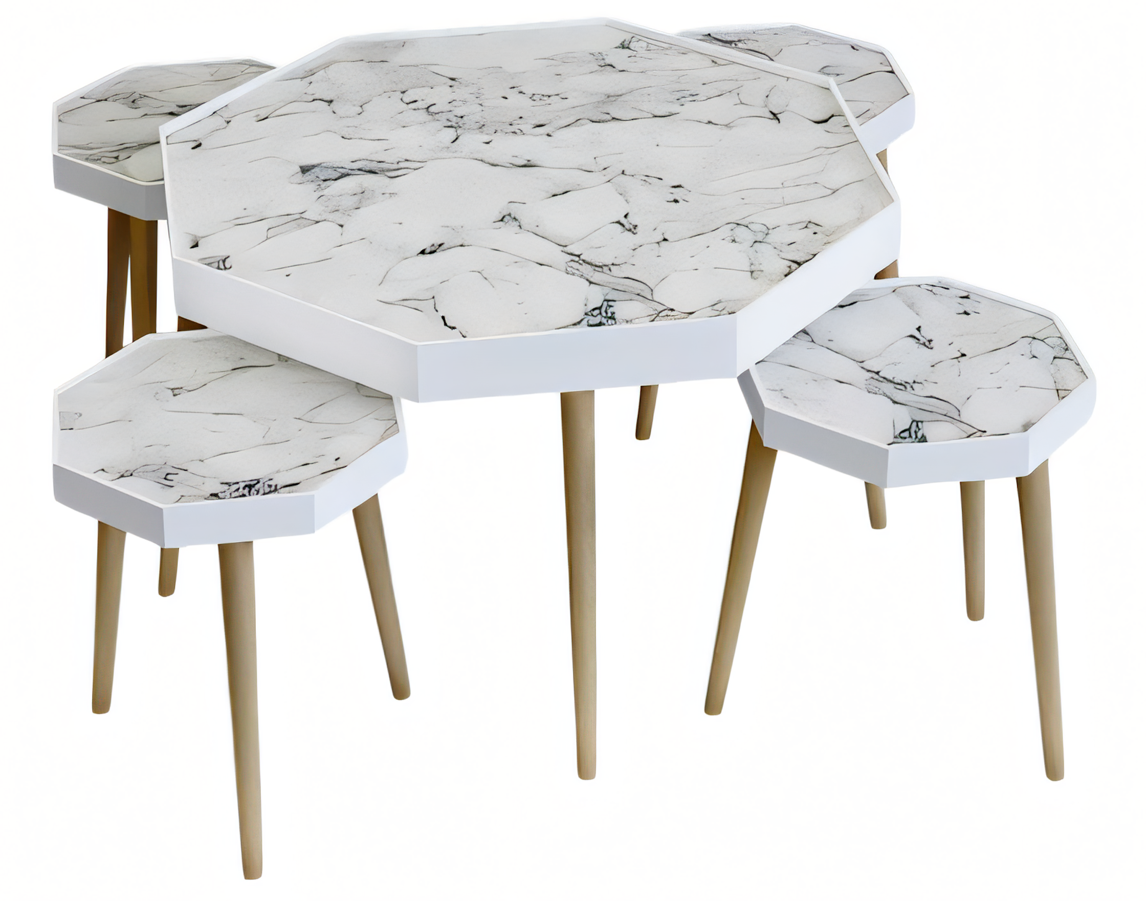 Design Couchtisch Set 5-teilig Heptagon Marmor-Optik Weiß