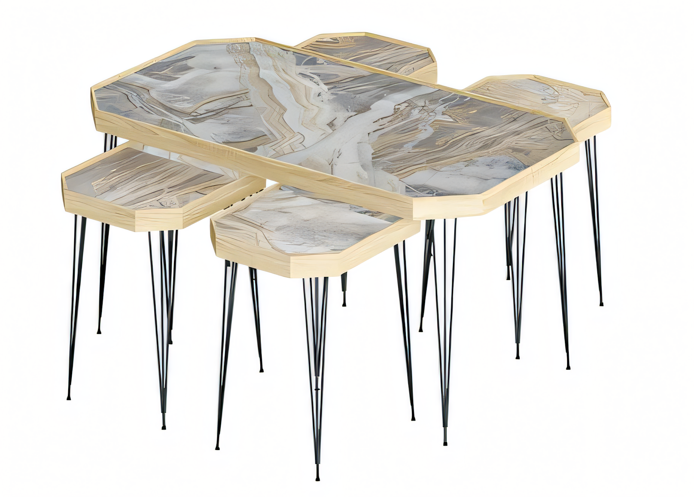 Beistelltisch Set 5 Teile in Marmor-Optik mit schwarzen Beinen