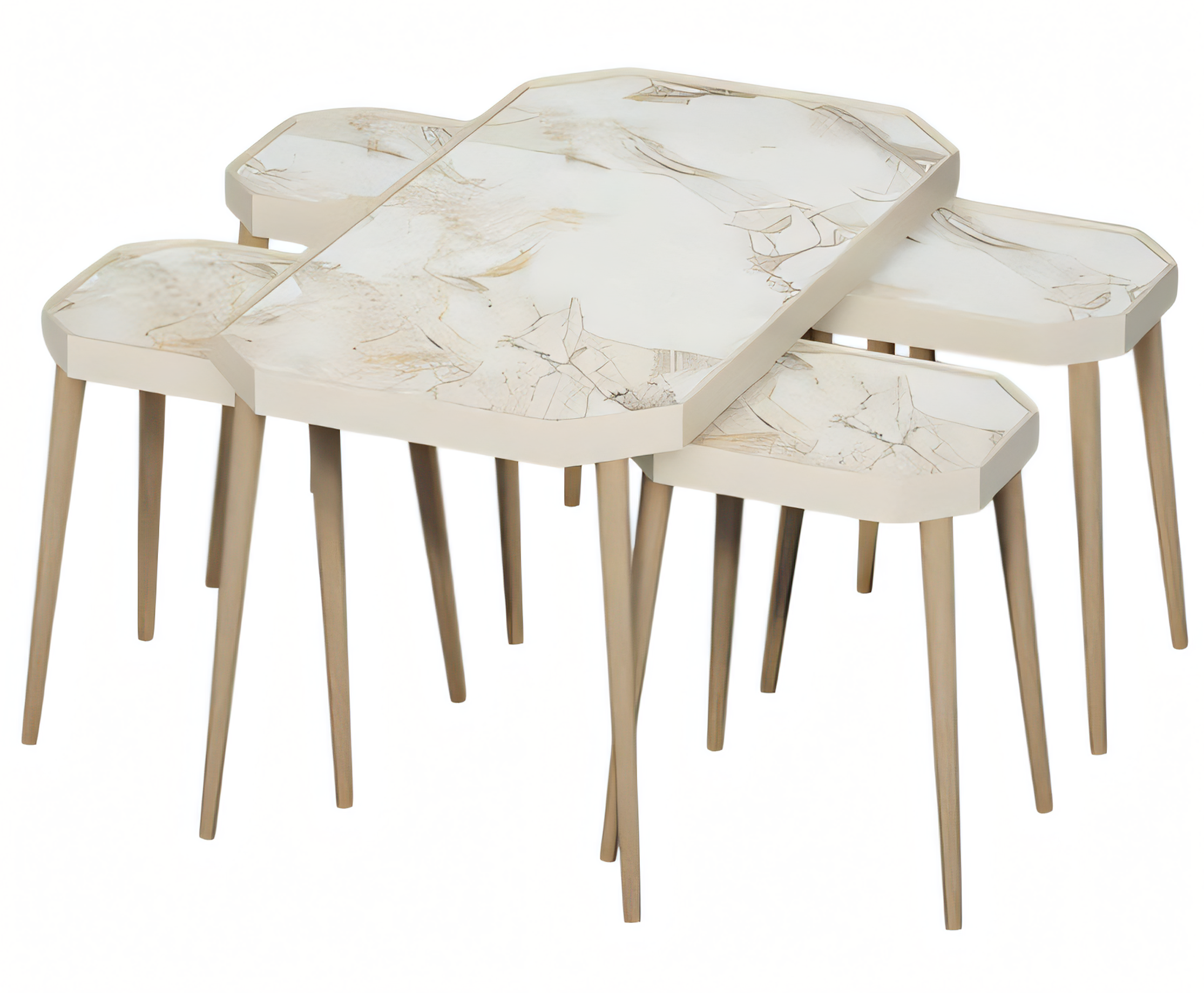 Beistelltisch Set 5 Teile in Marmor-Optik mit Holzbeinen
