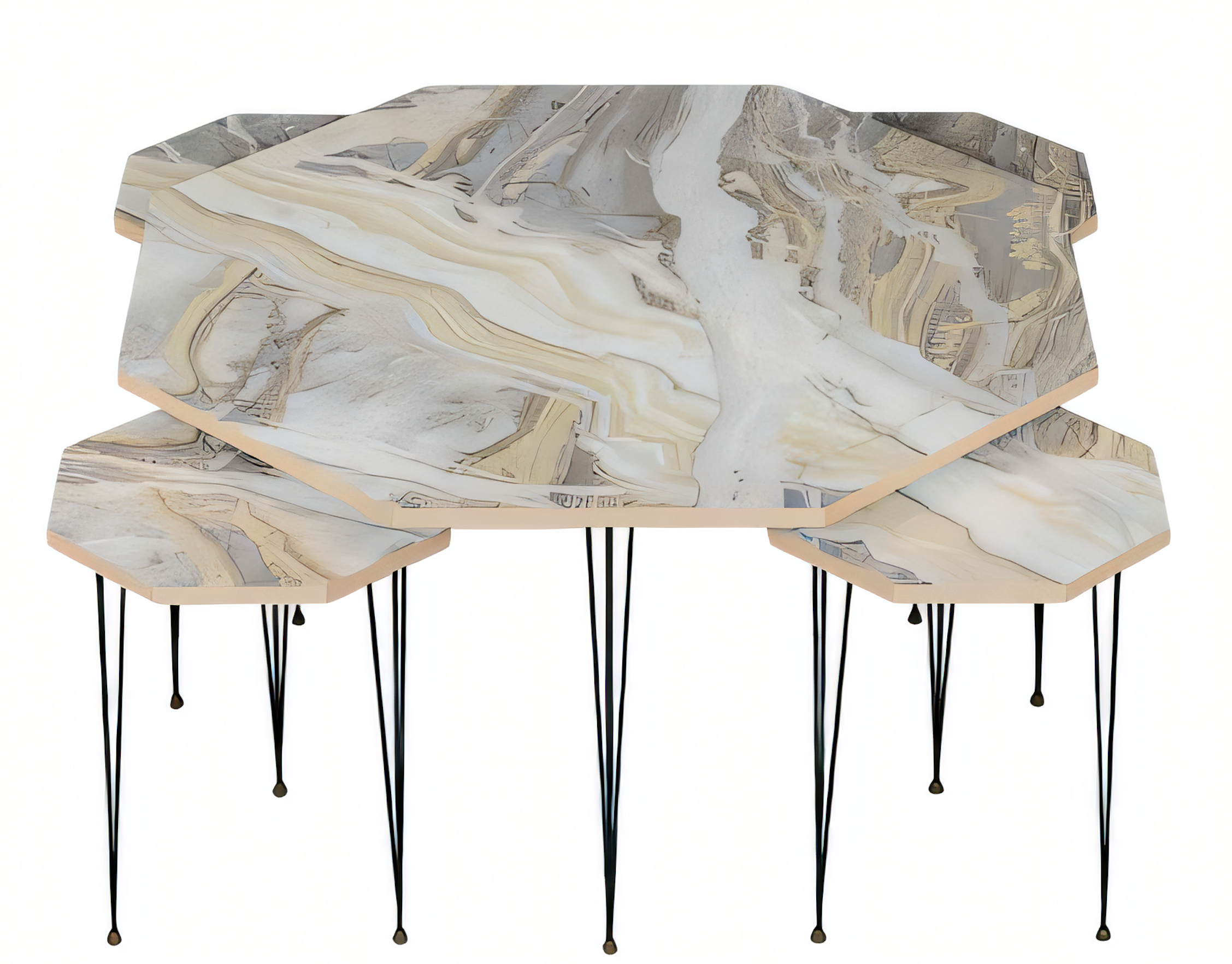 Design Satztisch 3er-Set Marmor-Optik Weiß Rechteckig