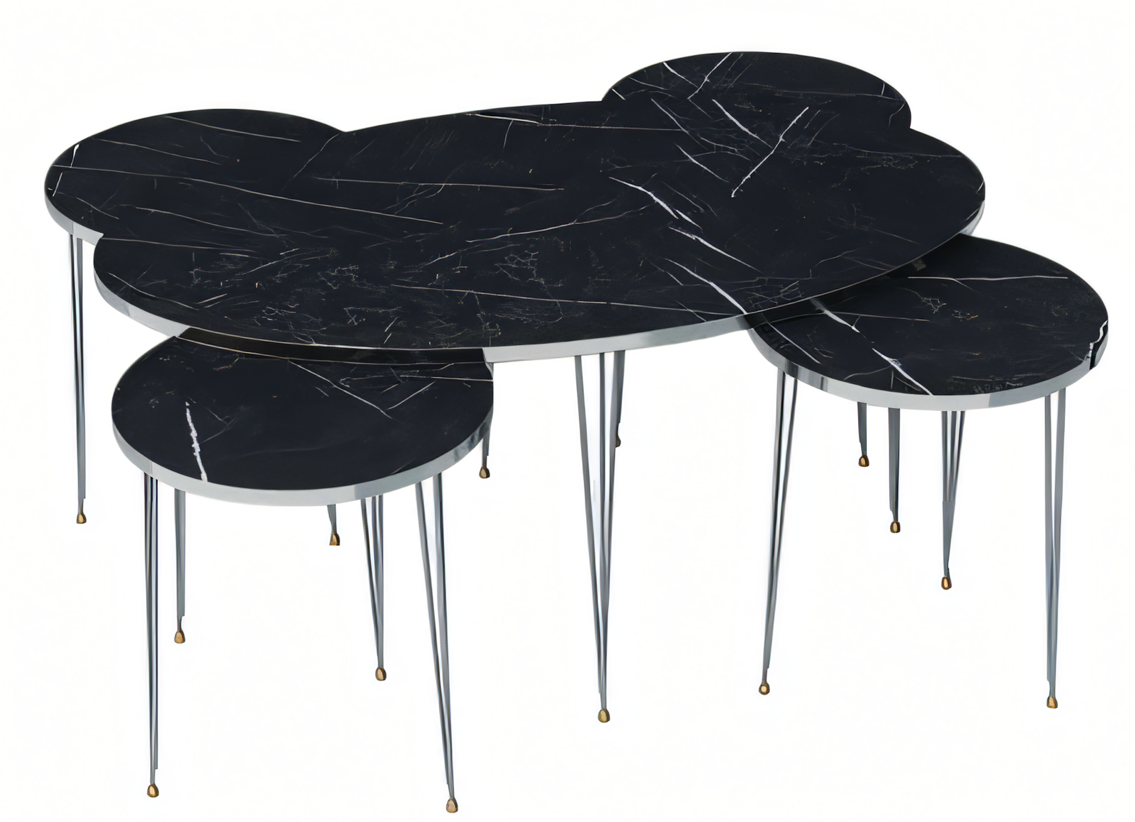 Modernes Beistelltisch Set 4 Teile in Schwarz-Marmor-Optik mit Metallbeinen