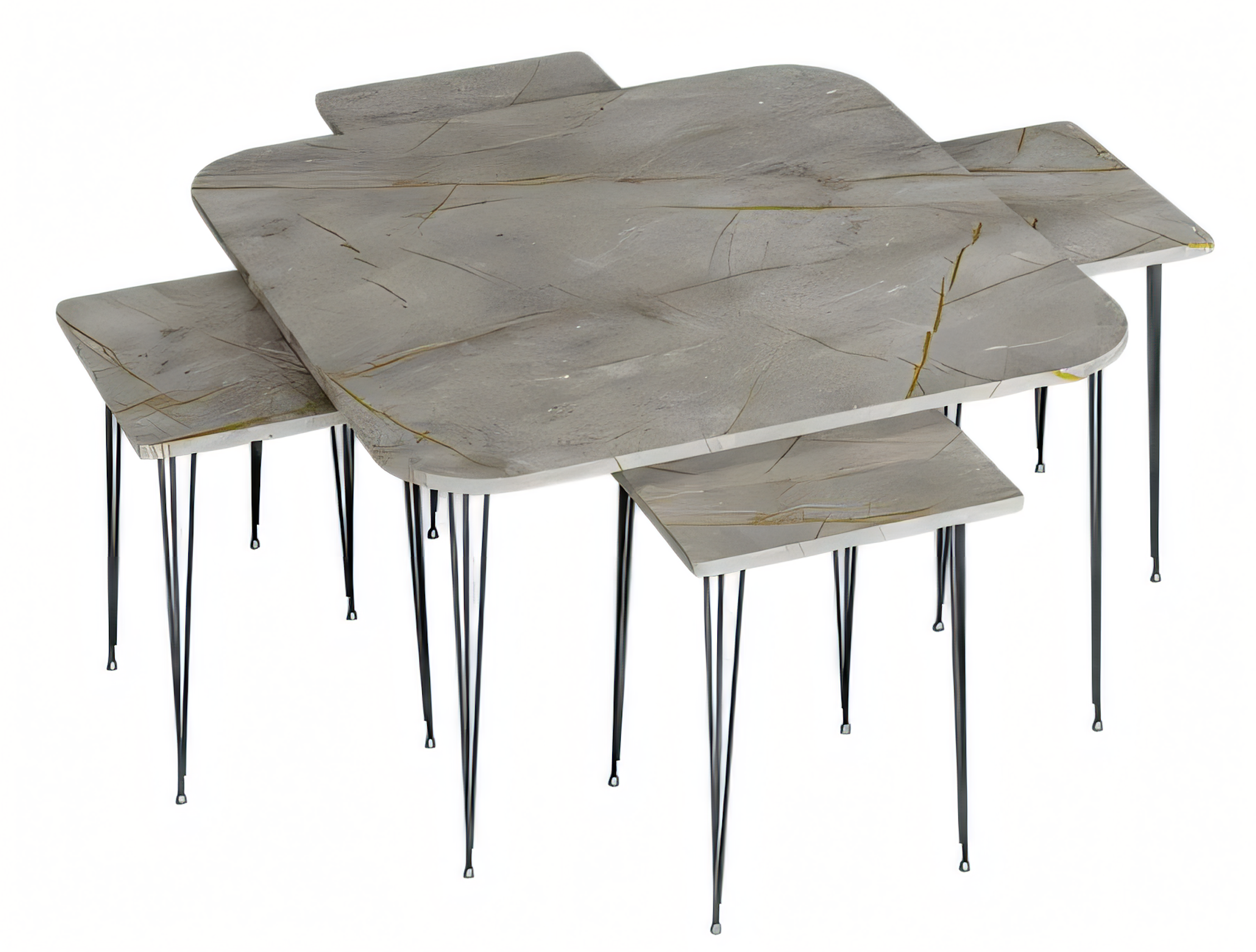 Modernes Beistelltisch Set 4 Teile in Beton-Optik mit schwarzen Metallbeinen