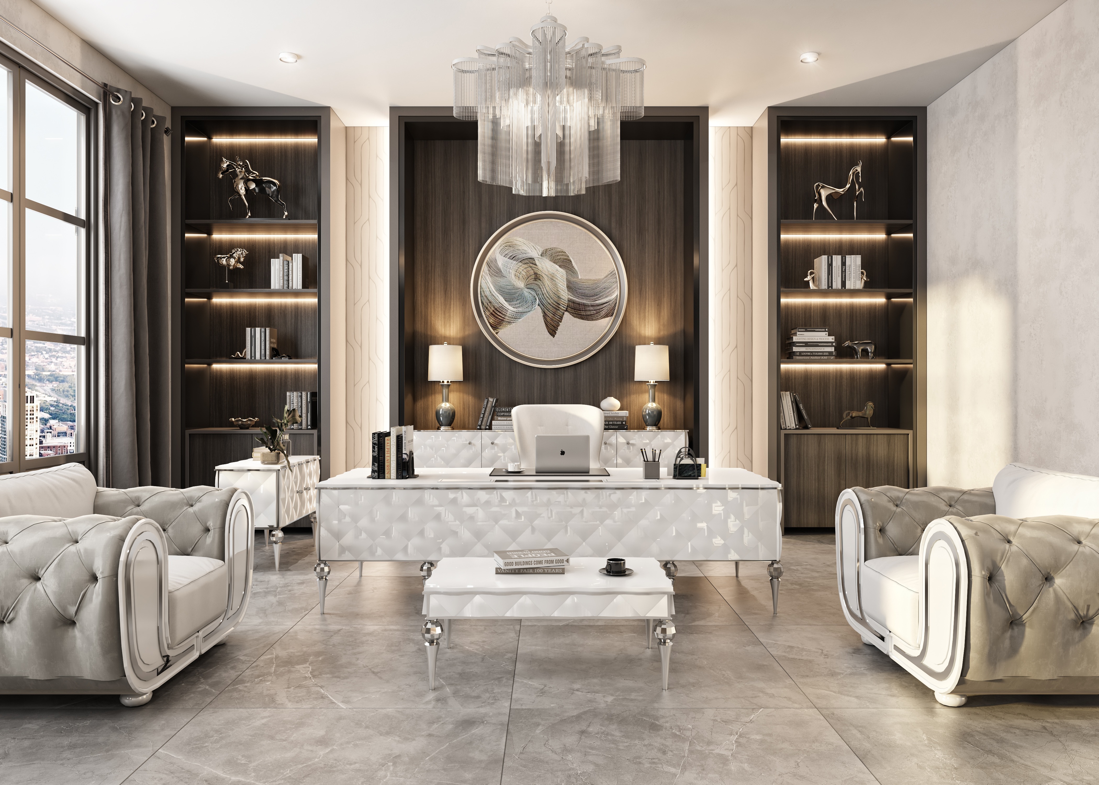 Elegantes Arbeitszimmer-Set mit weißen Holz-Textil Möbeln