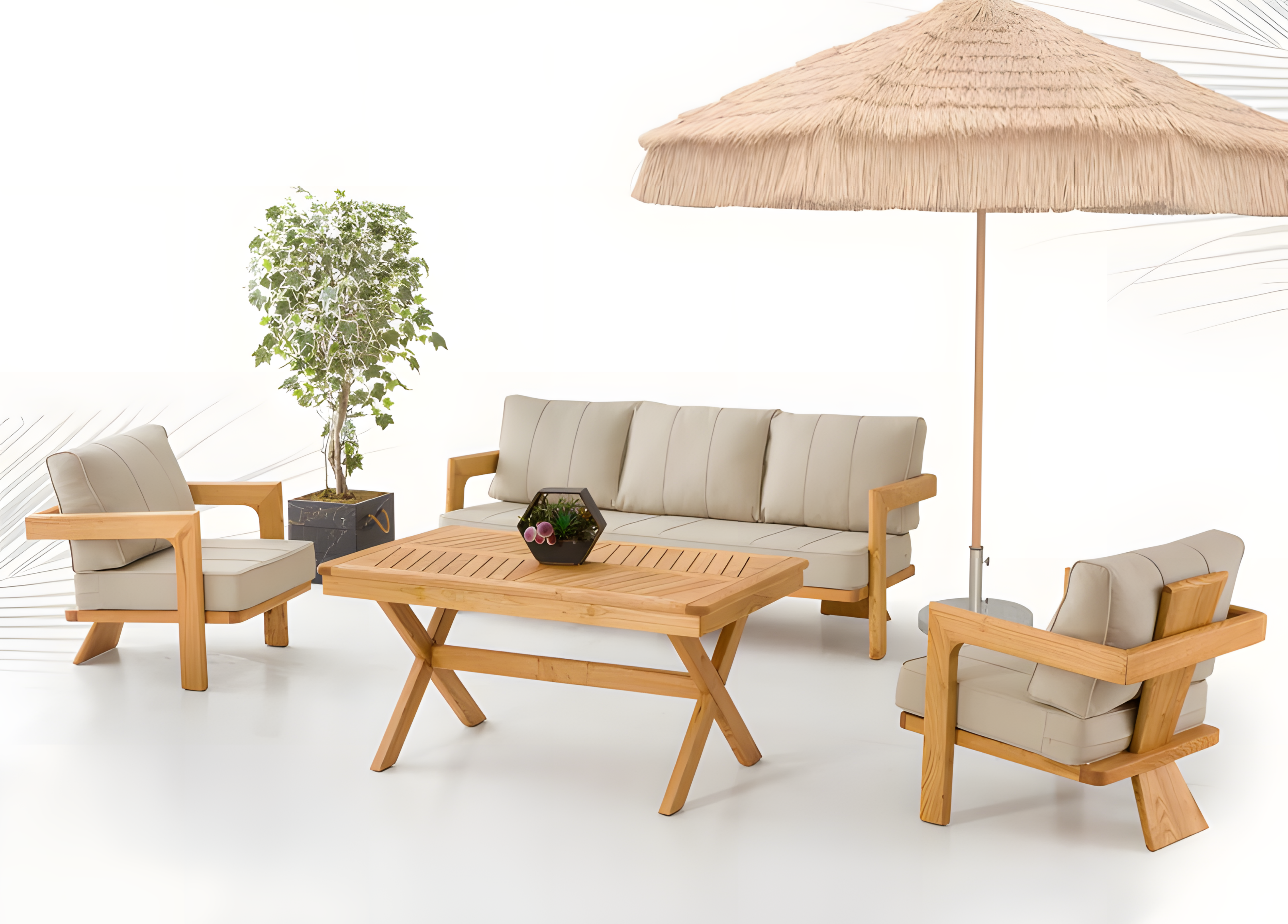 Gartenmöbel Set aus Holz und Textil in Beige, modern, robust