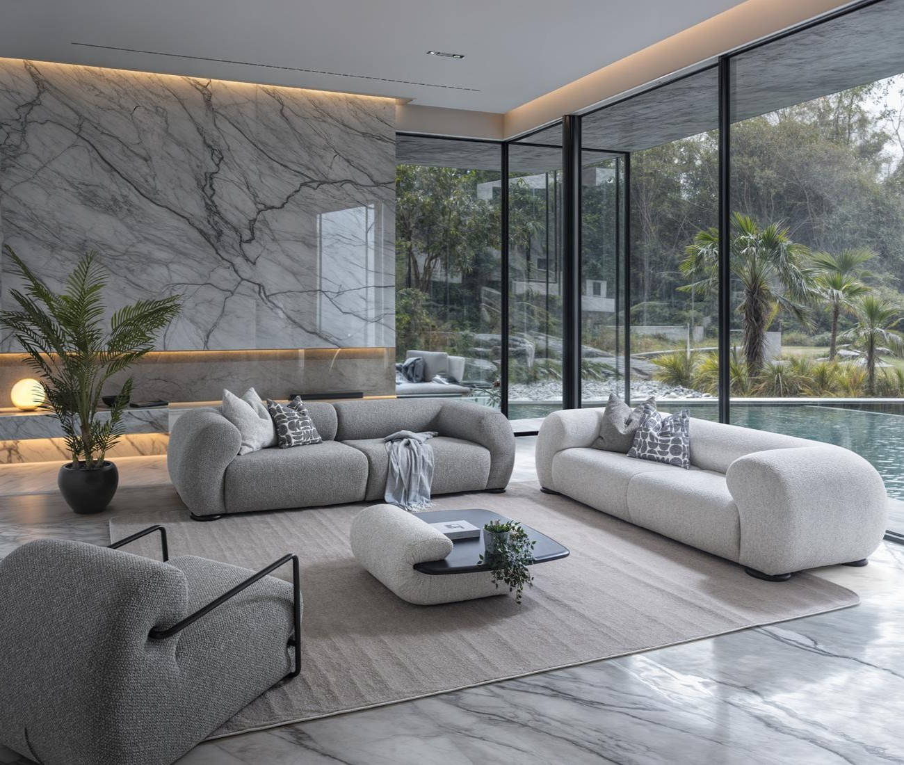 Moderner Wohnzimmer Set aus Textil und Holz in Grau