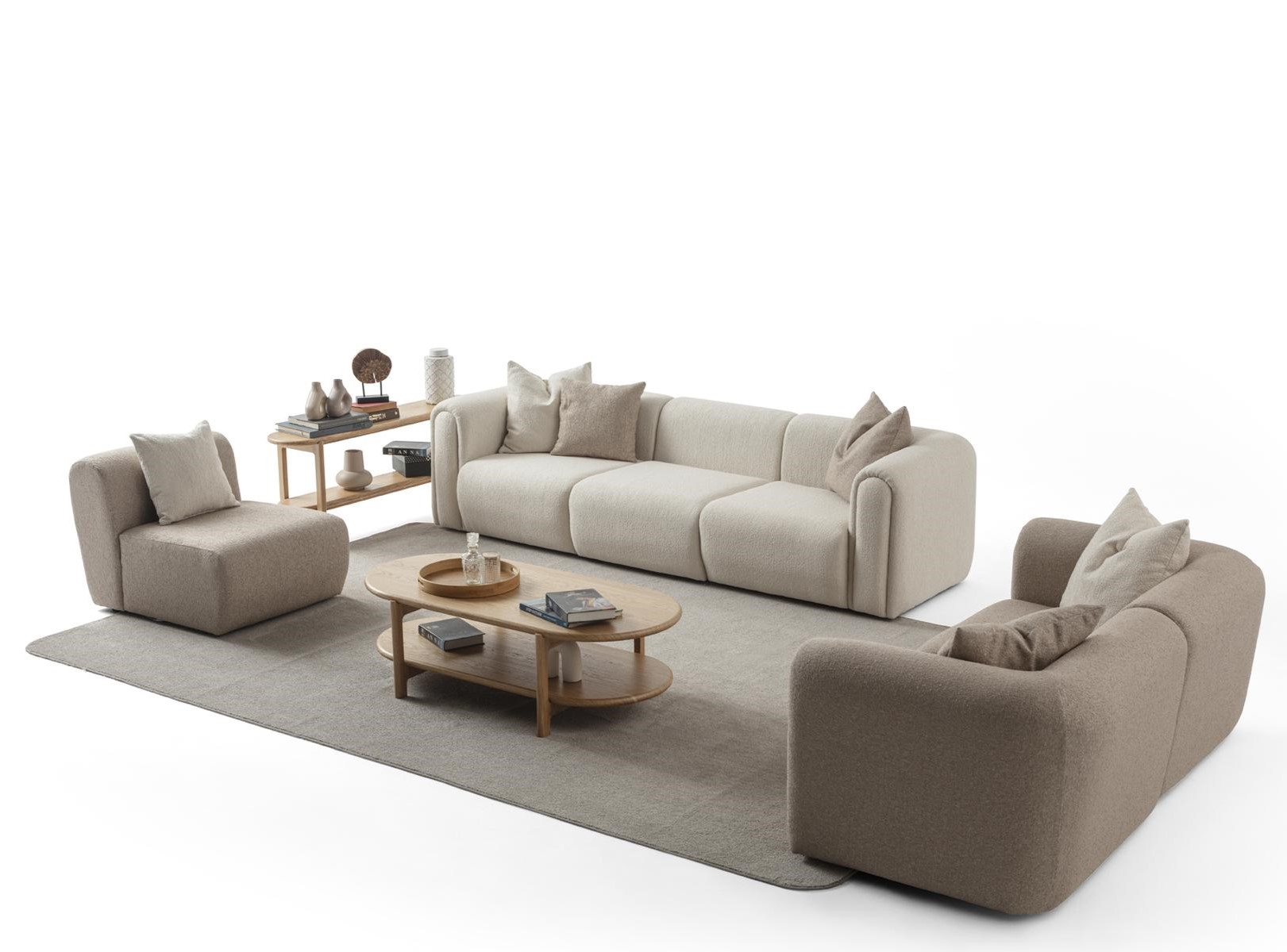 Moderner Wohnzimmer Set aus Textil und Holz in Beige
