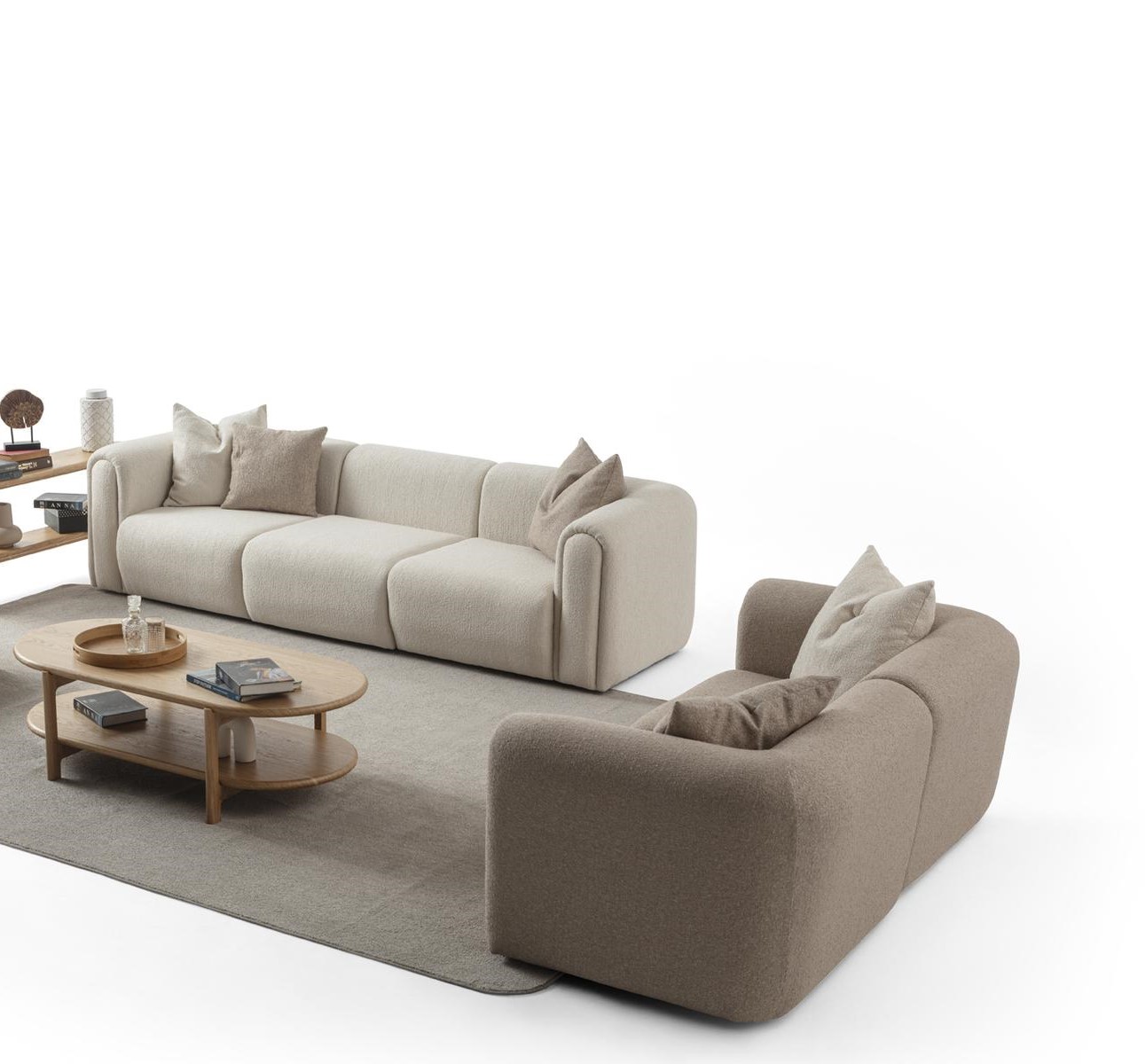 Elegantes beige Wohnzimmer Set aus Textil und Holz