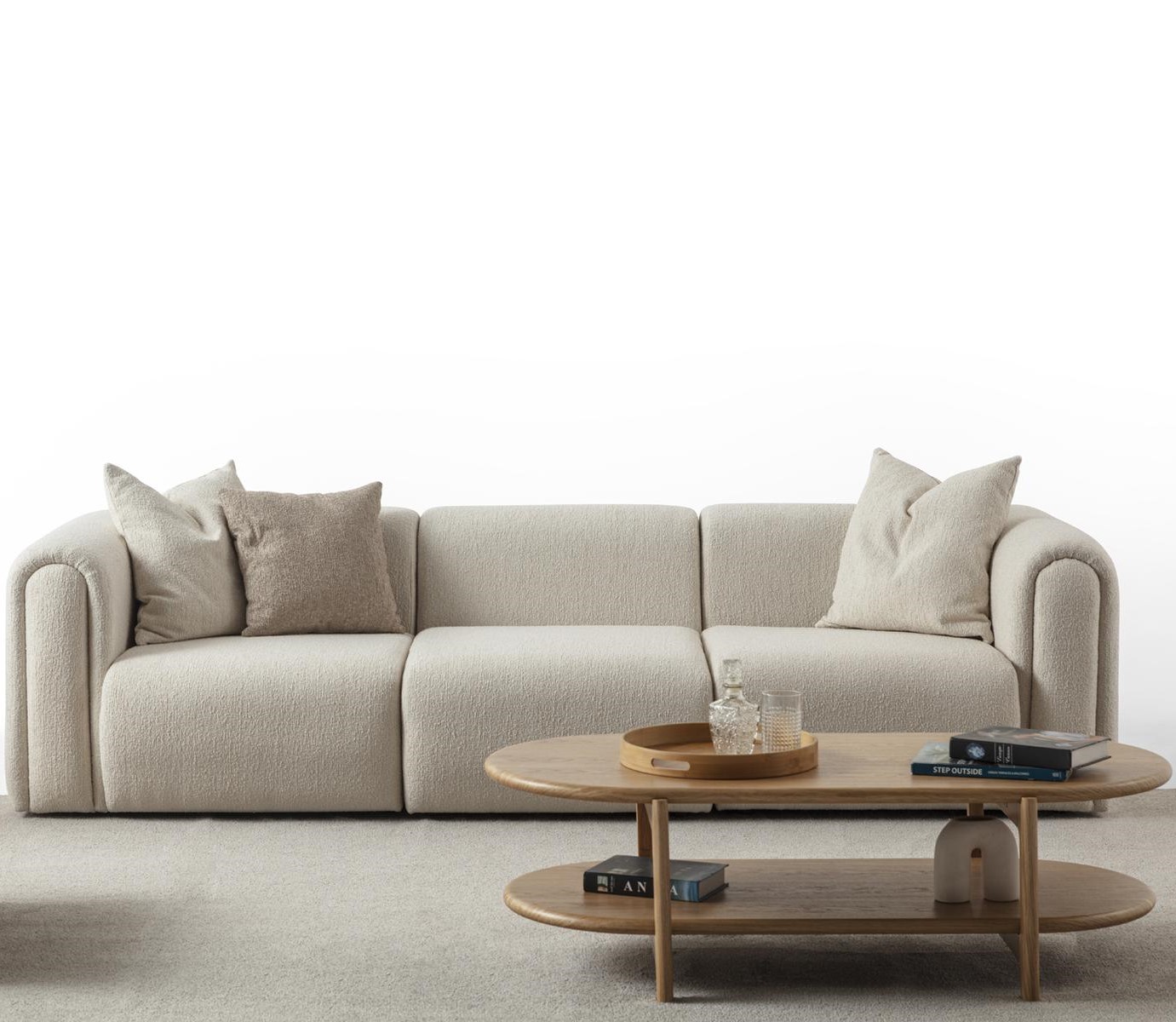 Elegantes Beiges 4-Sitzer Sofa aus Textil mit Holzrahmen