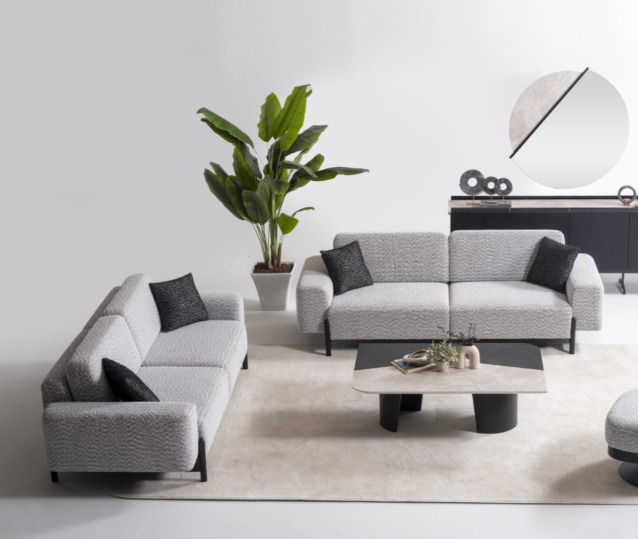 Elegantes graues Wohnzimmer Set aus Textil und Holz