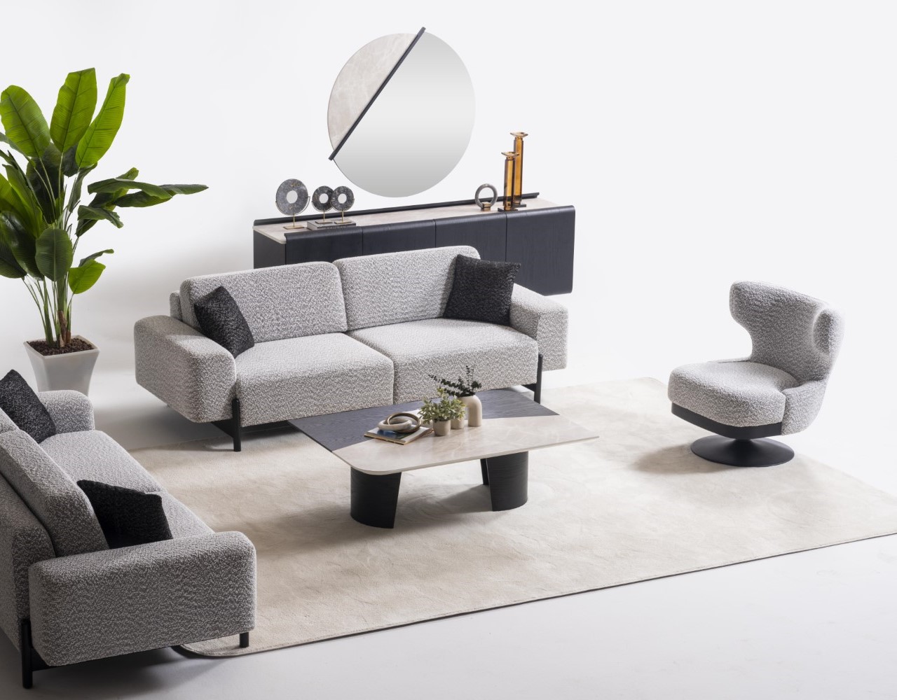 Moderner grauer Wohnzimmer Set aus Holz und Textil