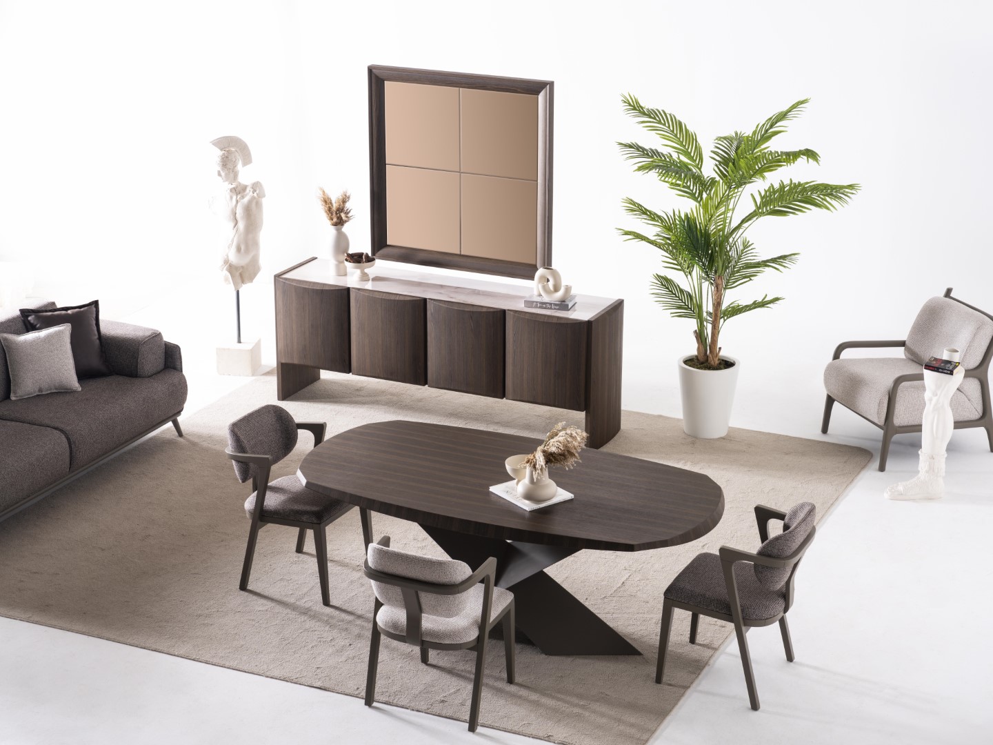 Elegantes braunes Holz Esszimmer Set mit Tisch, Stühlen, Sideboard