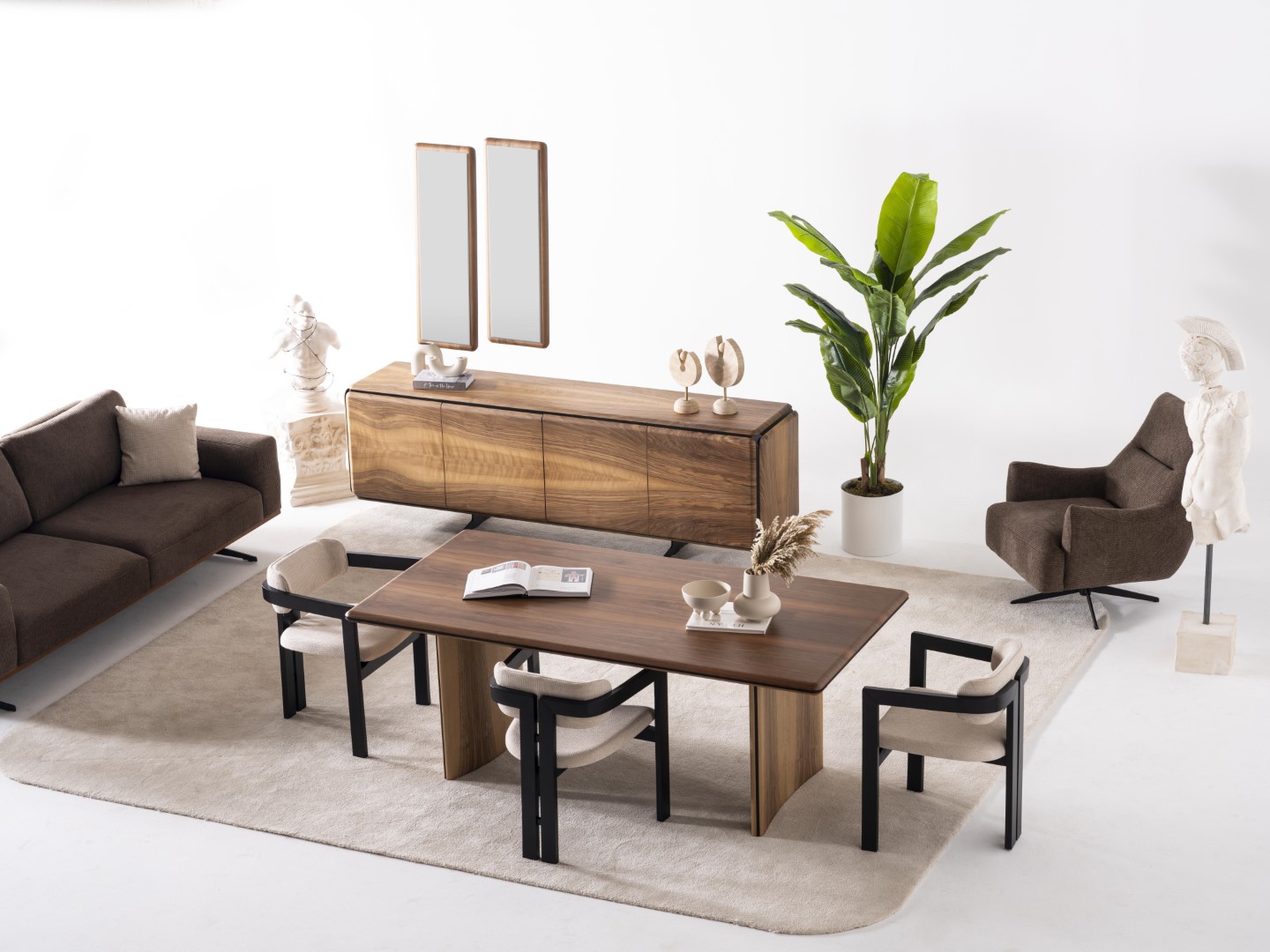 Elegantes braunes 7-tlg. Esszimmer Set aus Holz mit Esstisch, Stühlen
