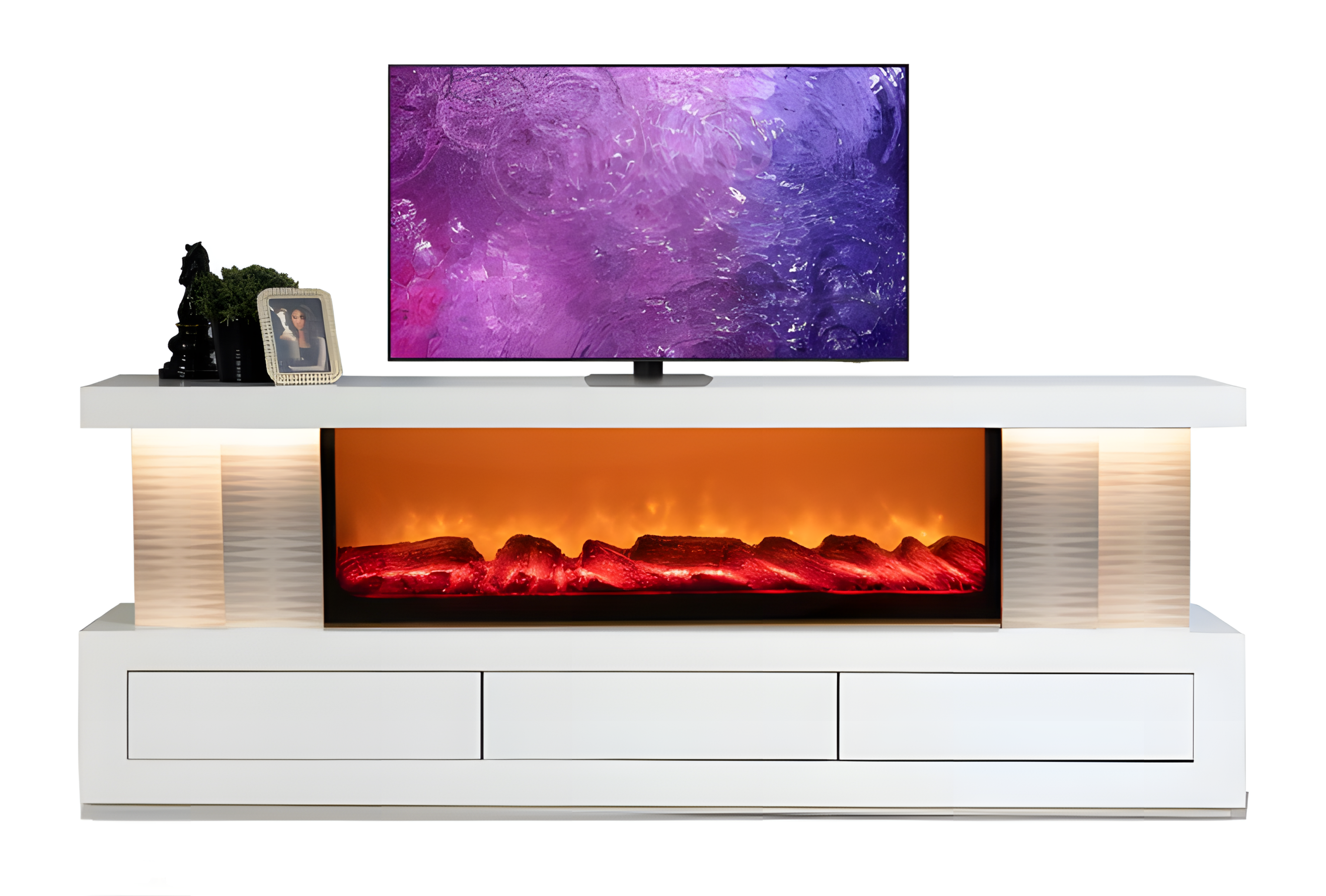 Modernes TV-Lowboard mit integriertem Kamin und Stauraumfächern